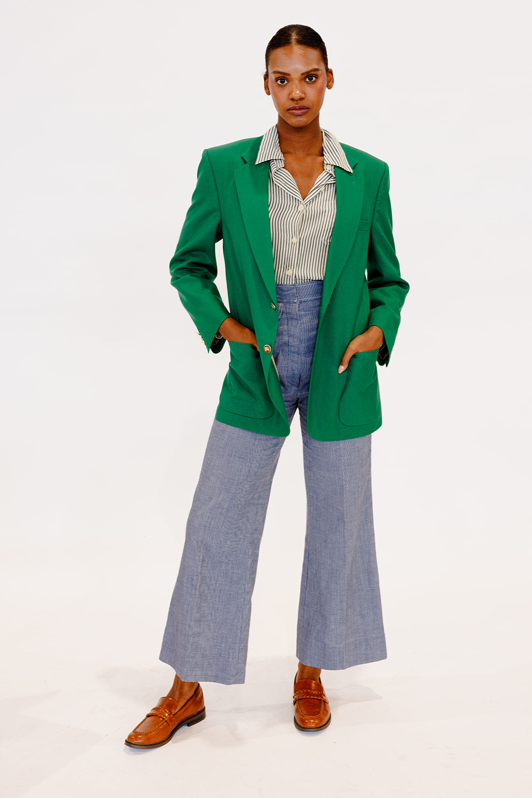 Navy chambray high waist flares