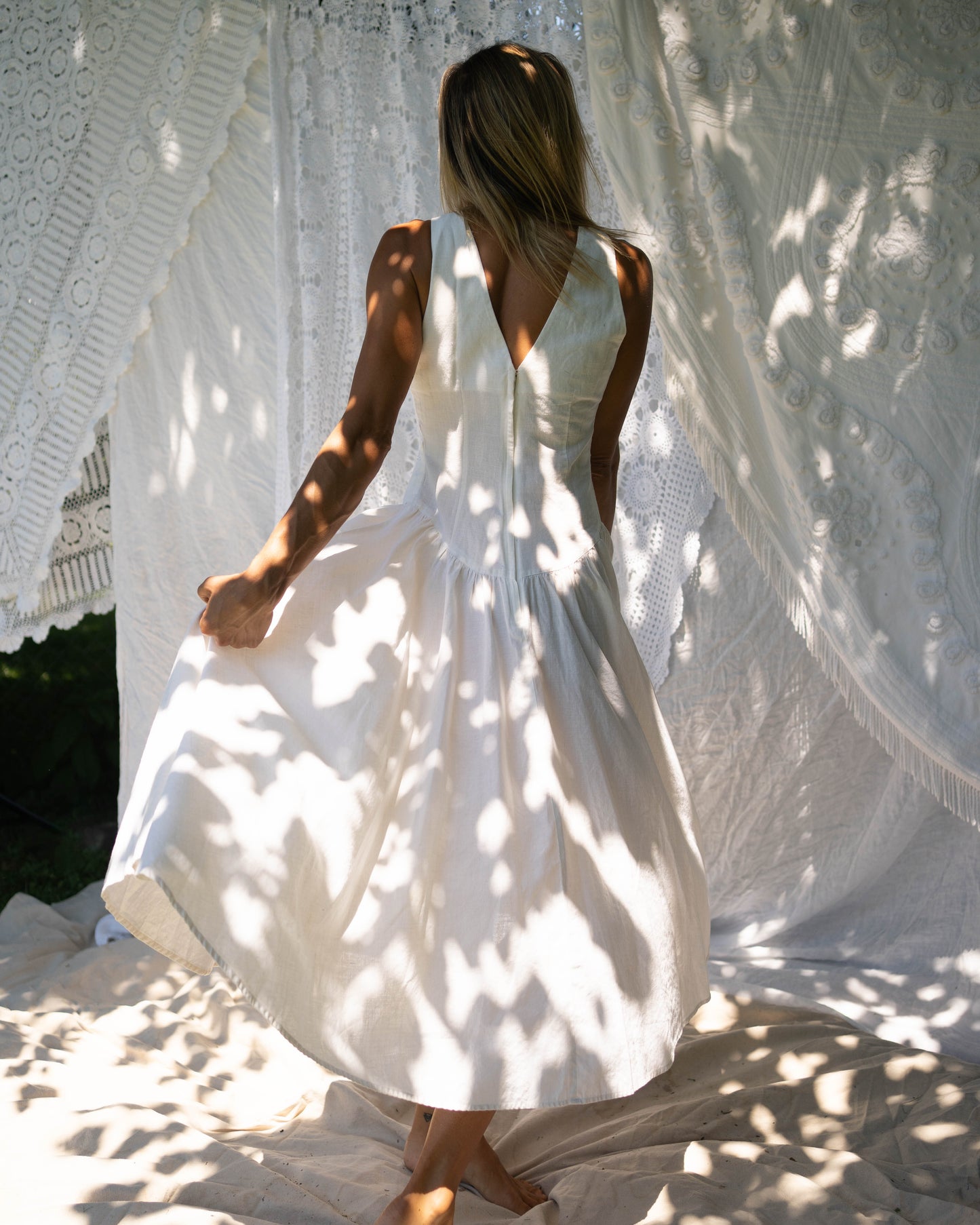 White ramie cutwork-front drop waist dress