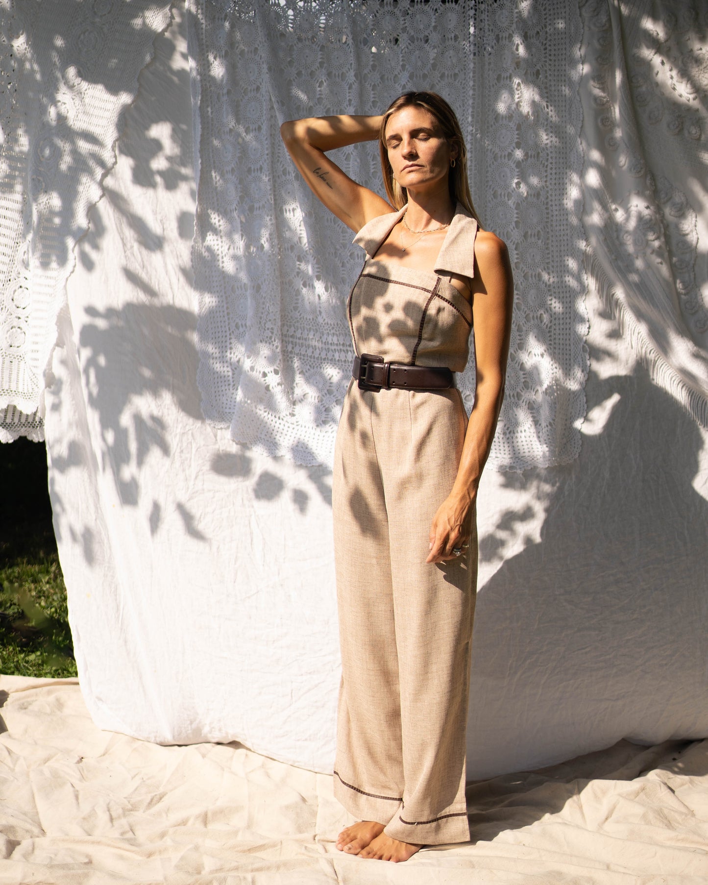 Heather brown open back jumpsuit w leather details