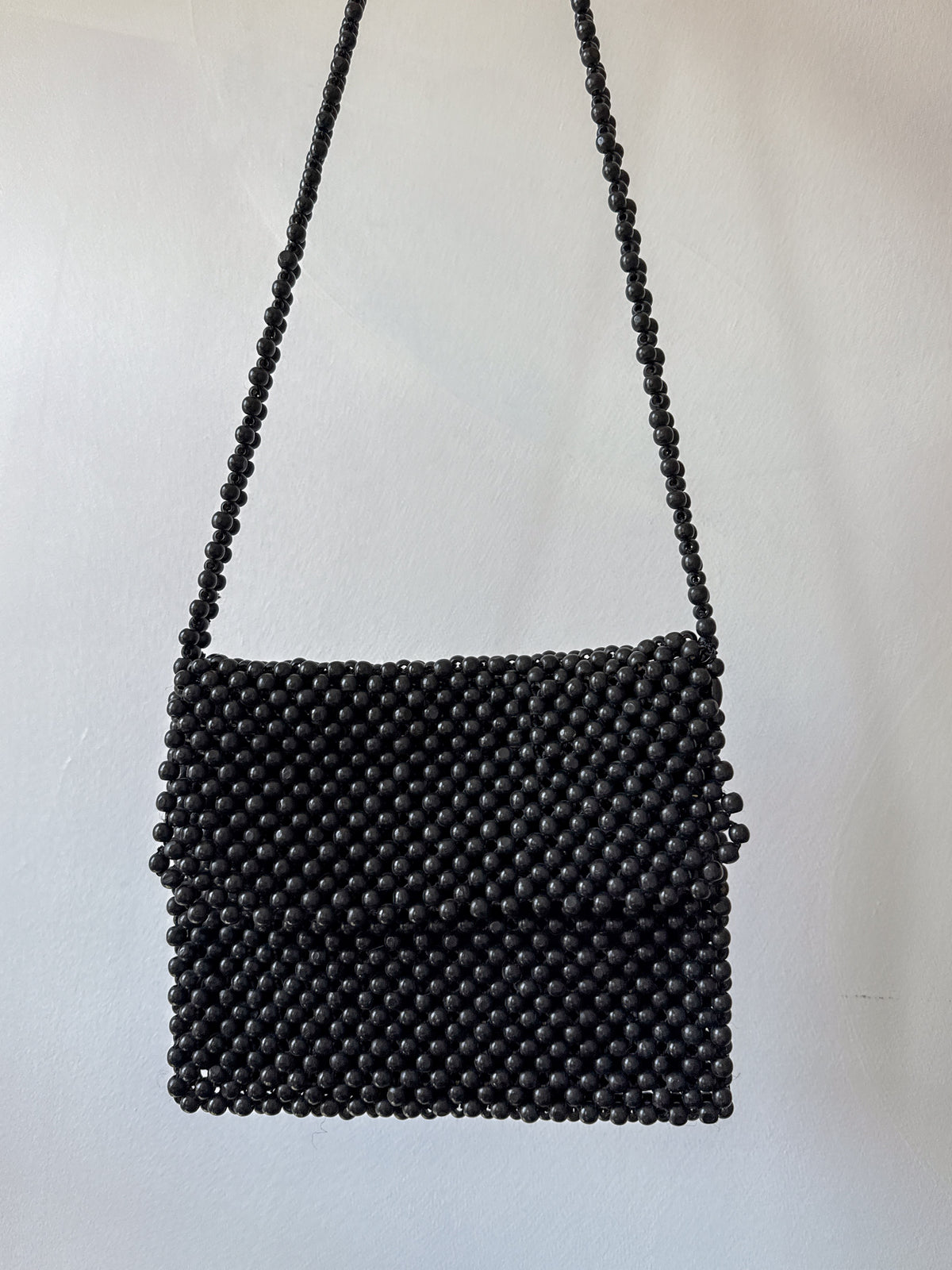 Black wood bead crossbody purse