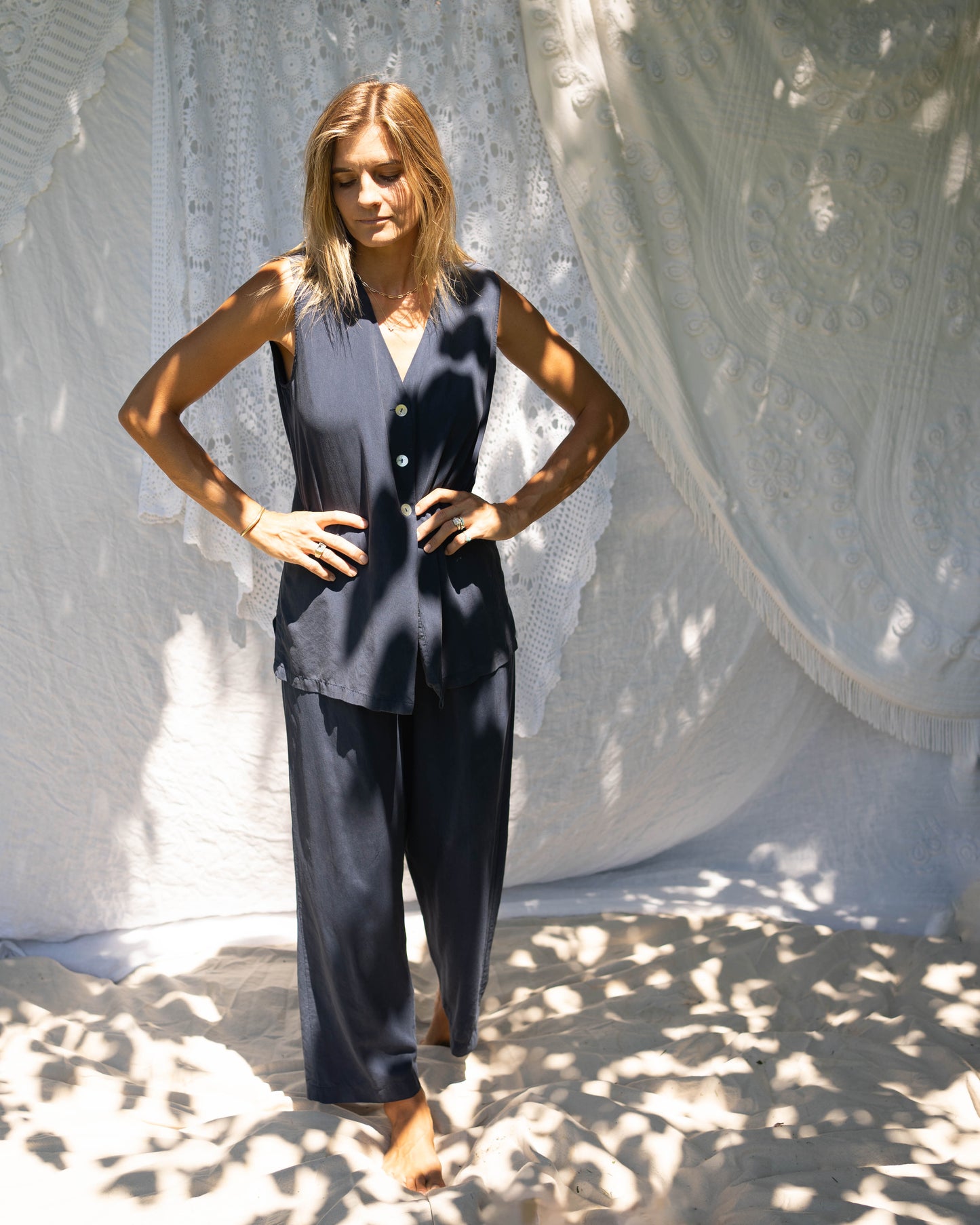 Clio navy silk vest set