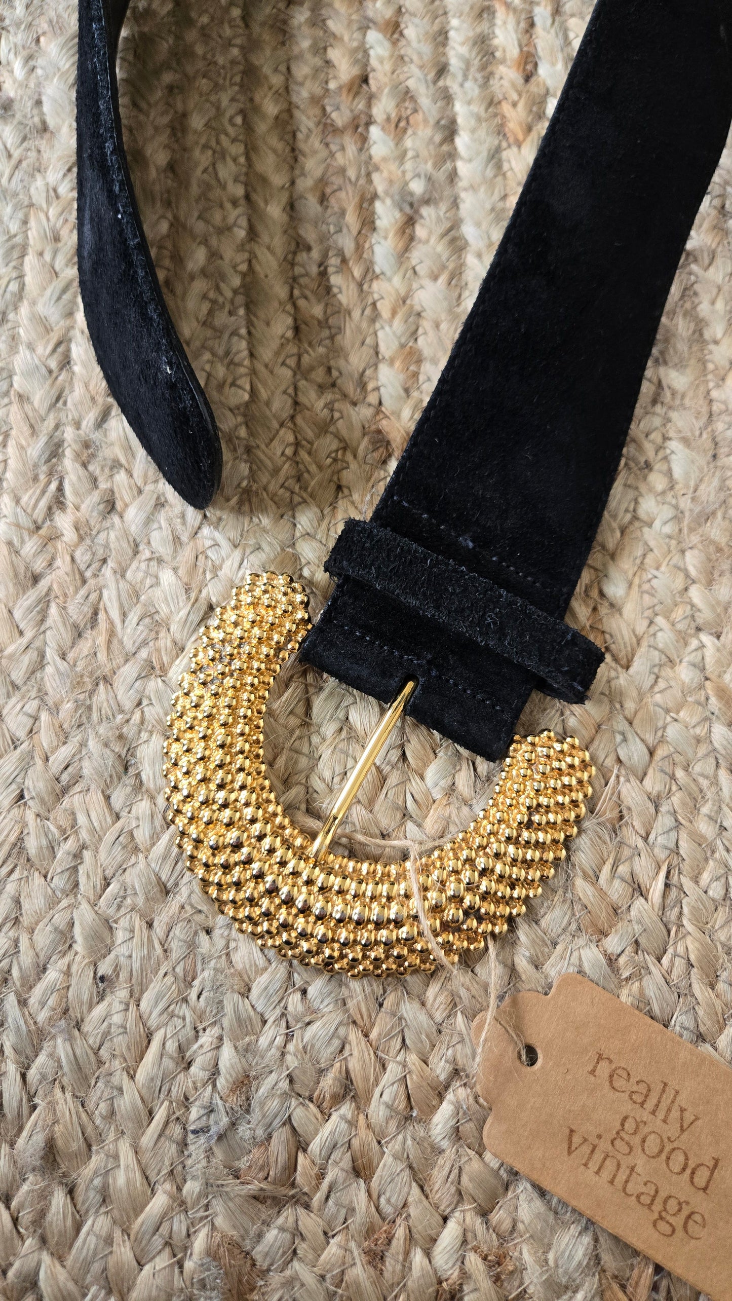 Wide black suede belt gold buckle
