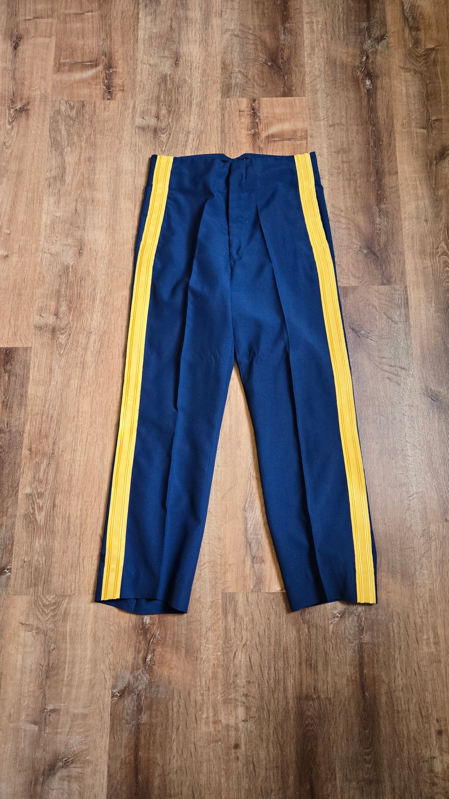 Navy/yellow striped marching band pants
