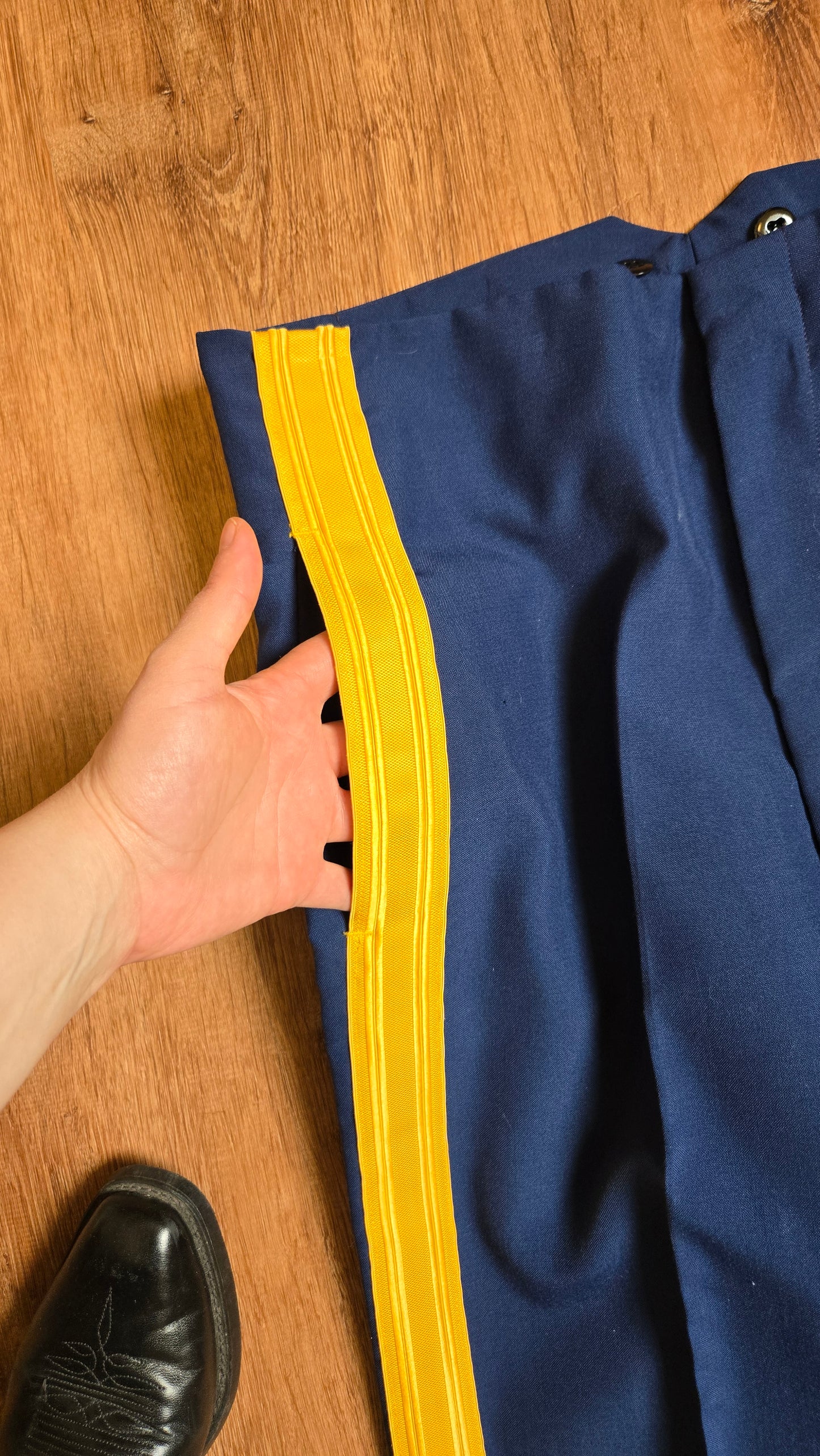 Navy/yellow striped marching band pants