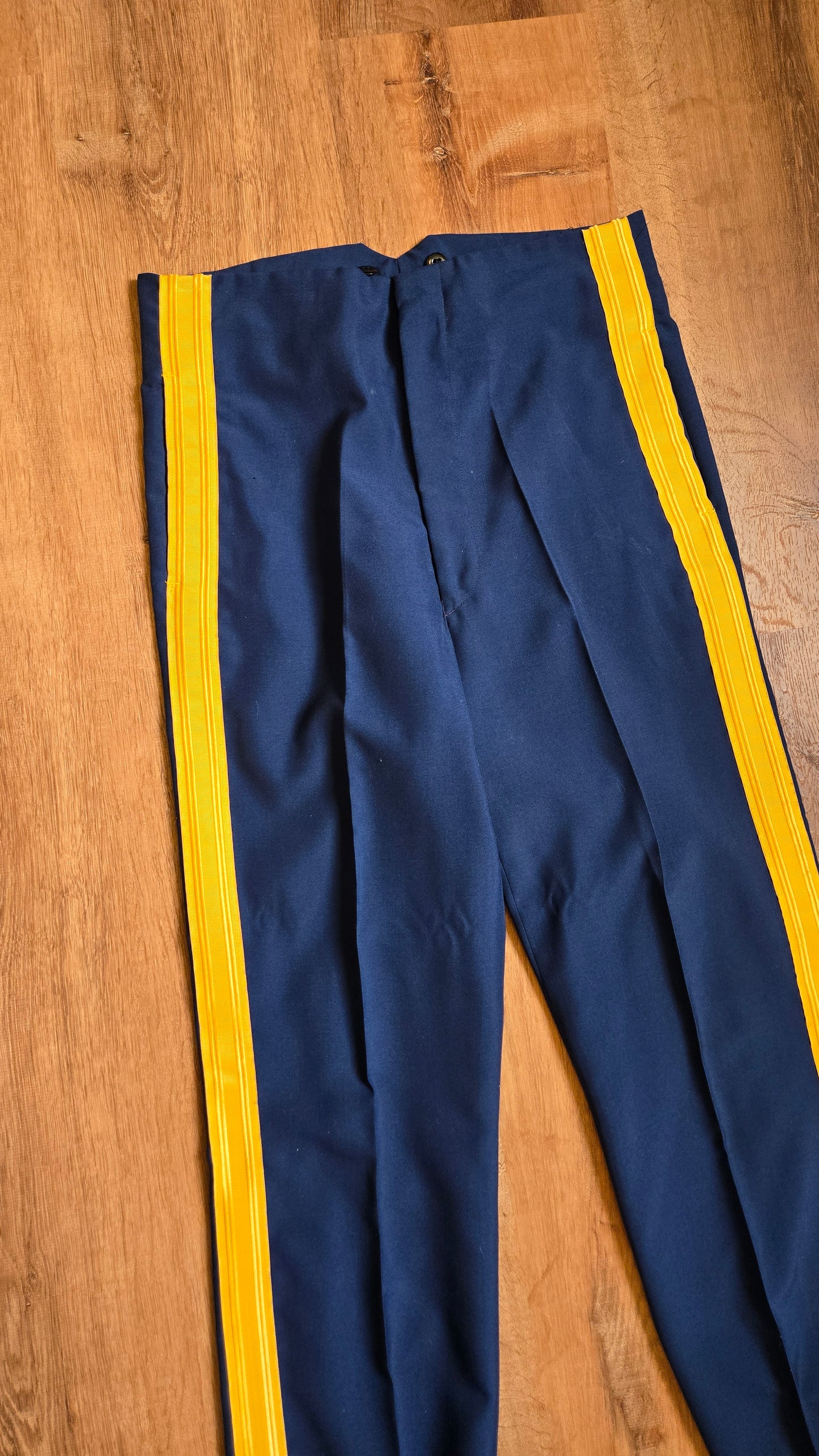 Navy/yellow striped marching band pants