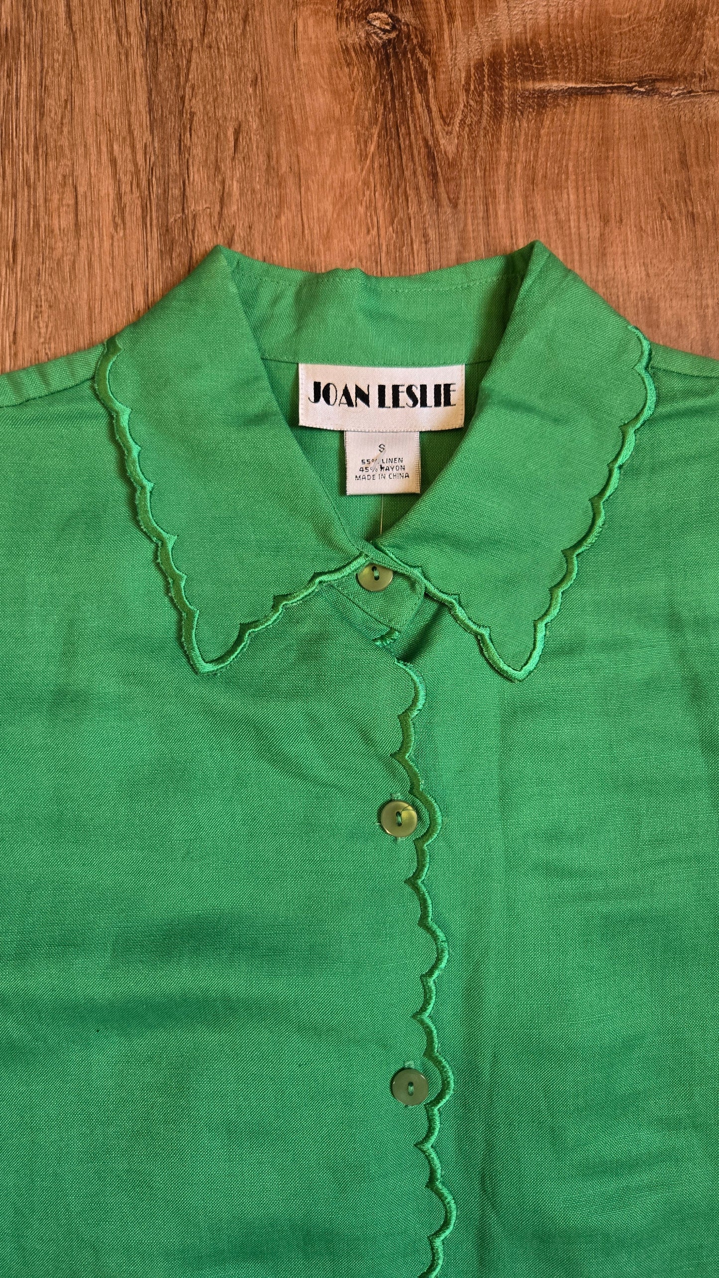 Joan Leslie green scallop linen shirt