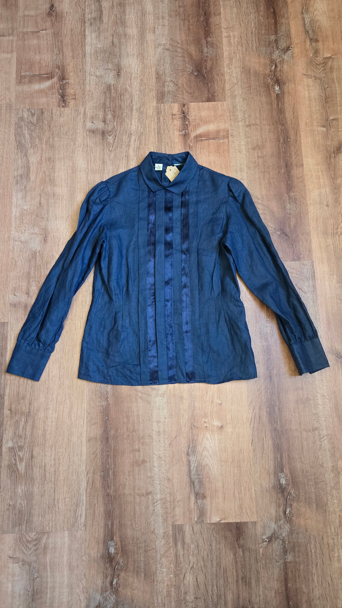 Navy linen & satin striped pleated blouse