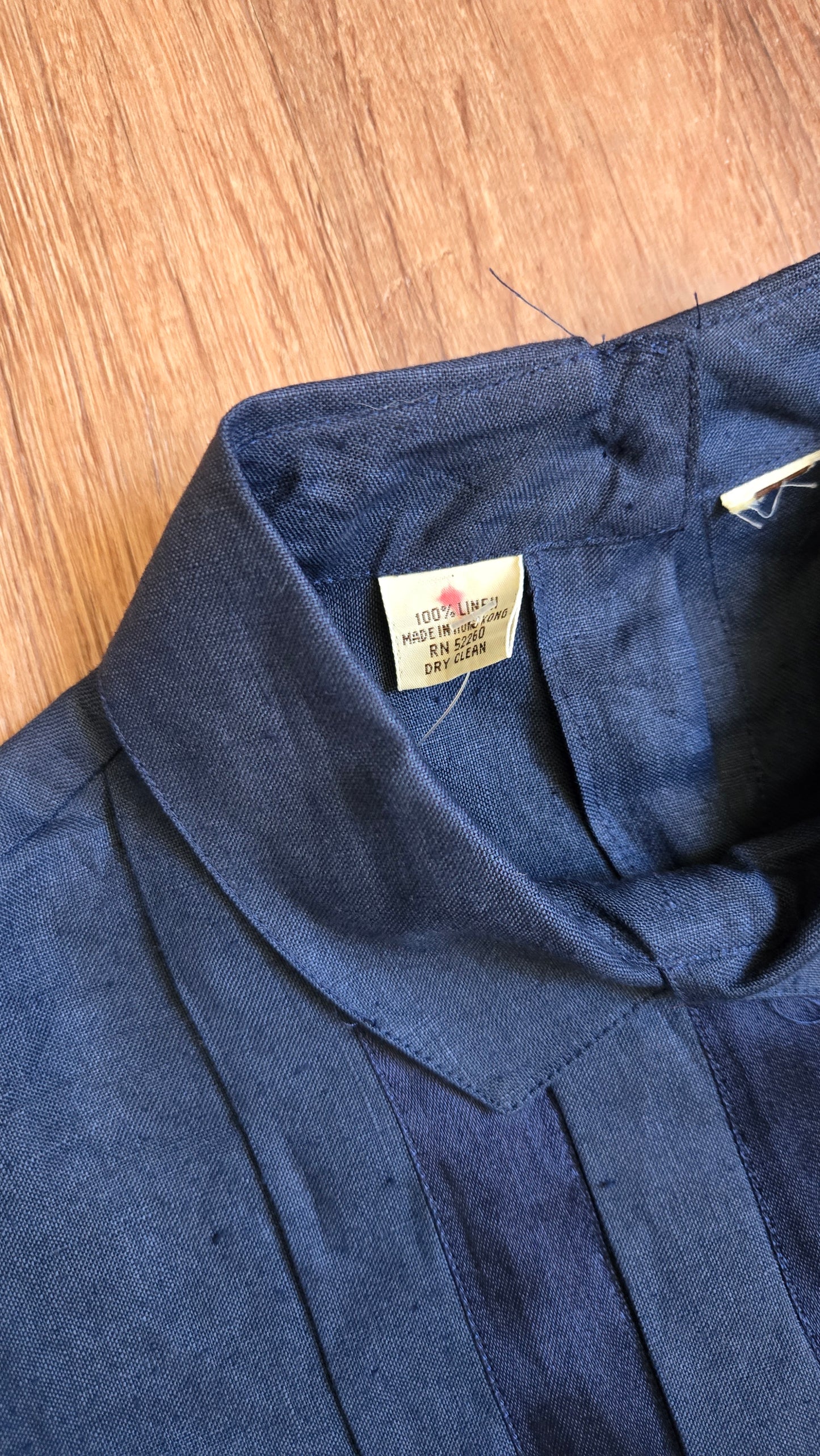 Navy linen & satin striped pleated blouse