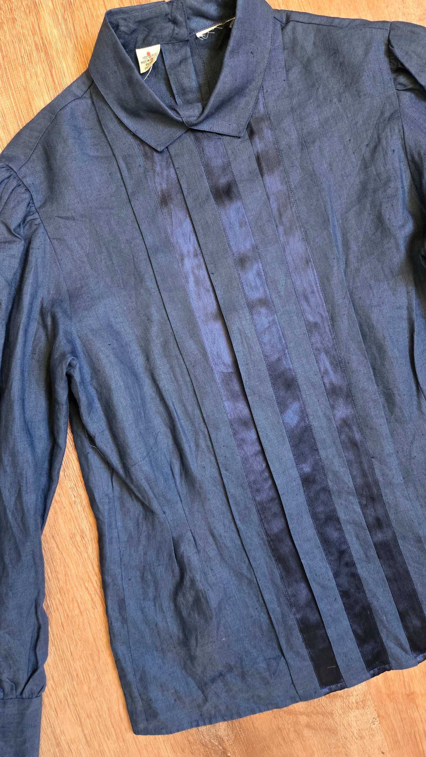 Navy linen & satin striped pleated blouse