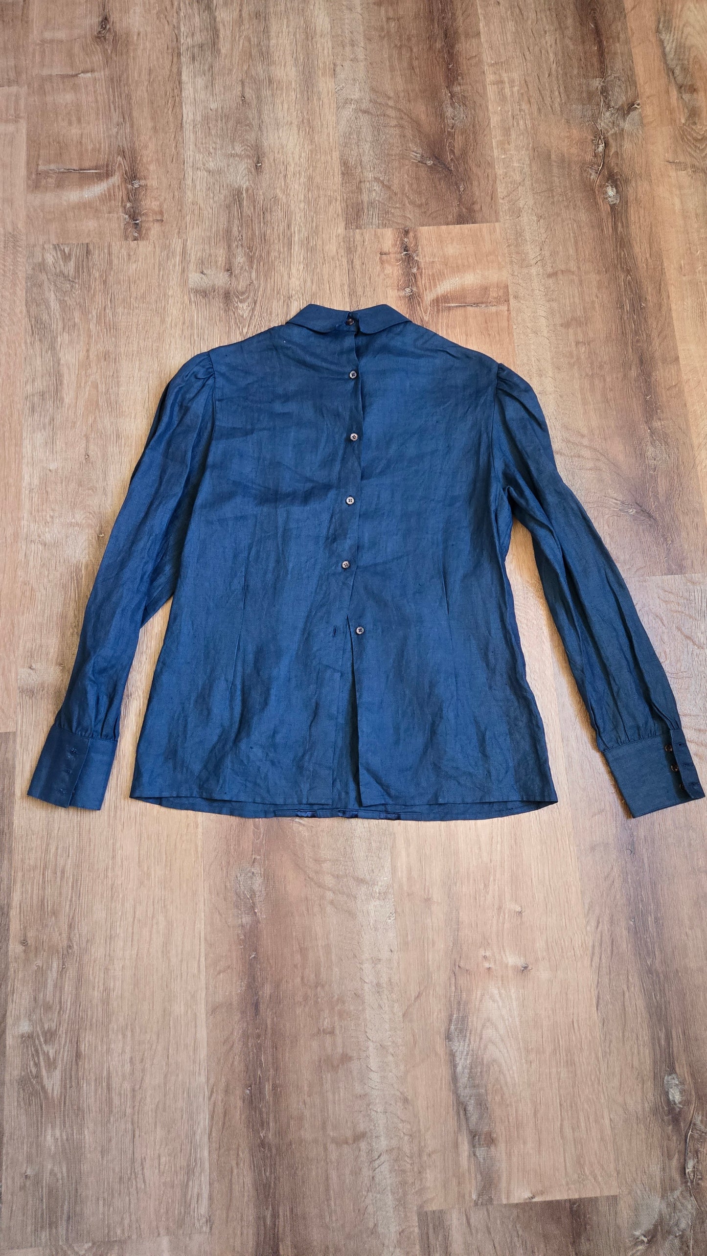 Navy linen & satin striped pleated blouse