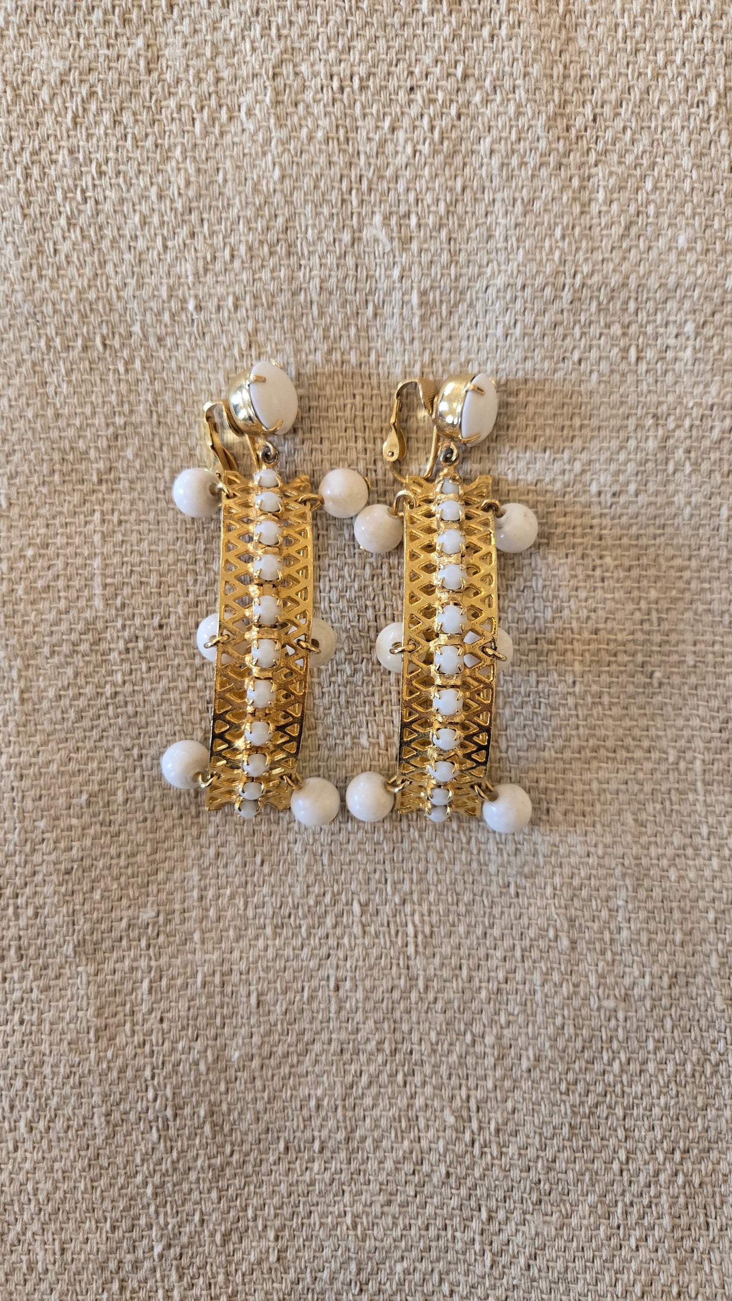 Gold lattice & white bead earrings