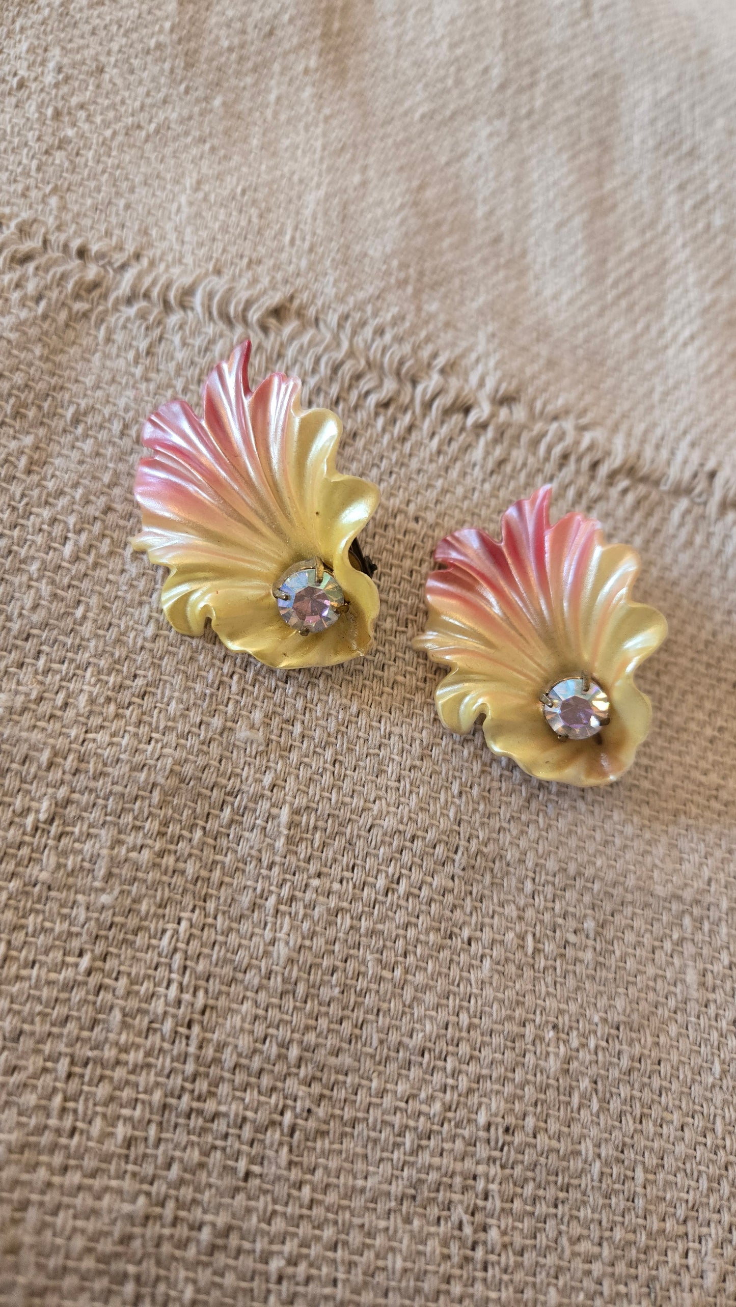 Celluloid yellow pink flower earrings