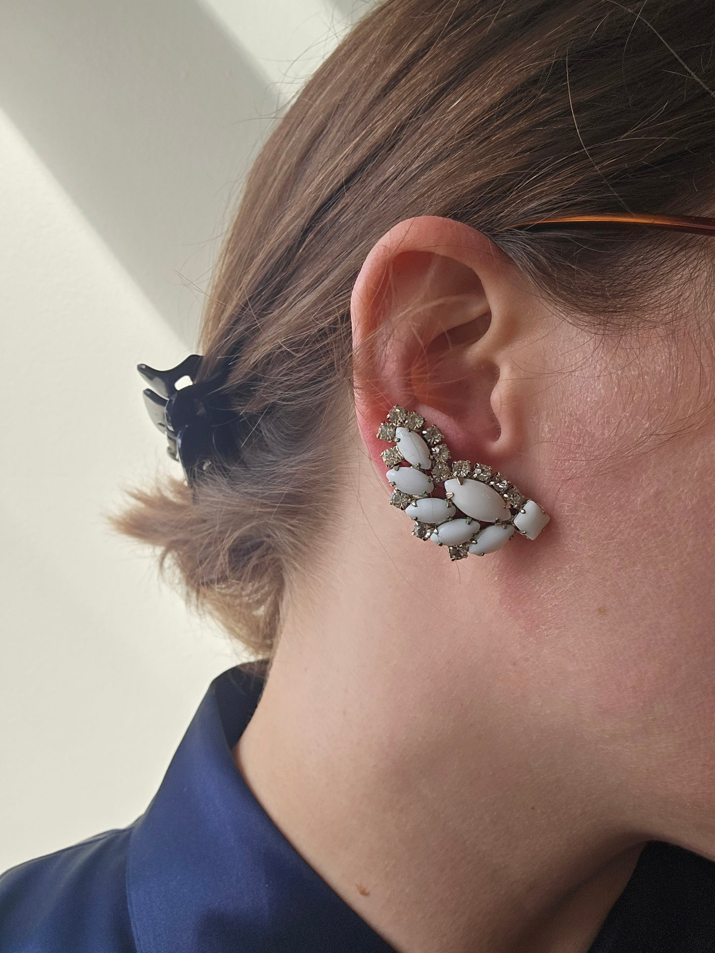 White rhinestone clip on earring