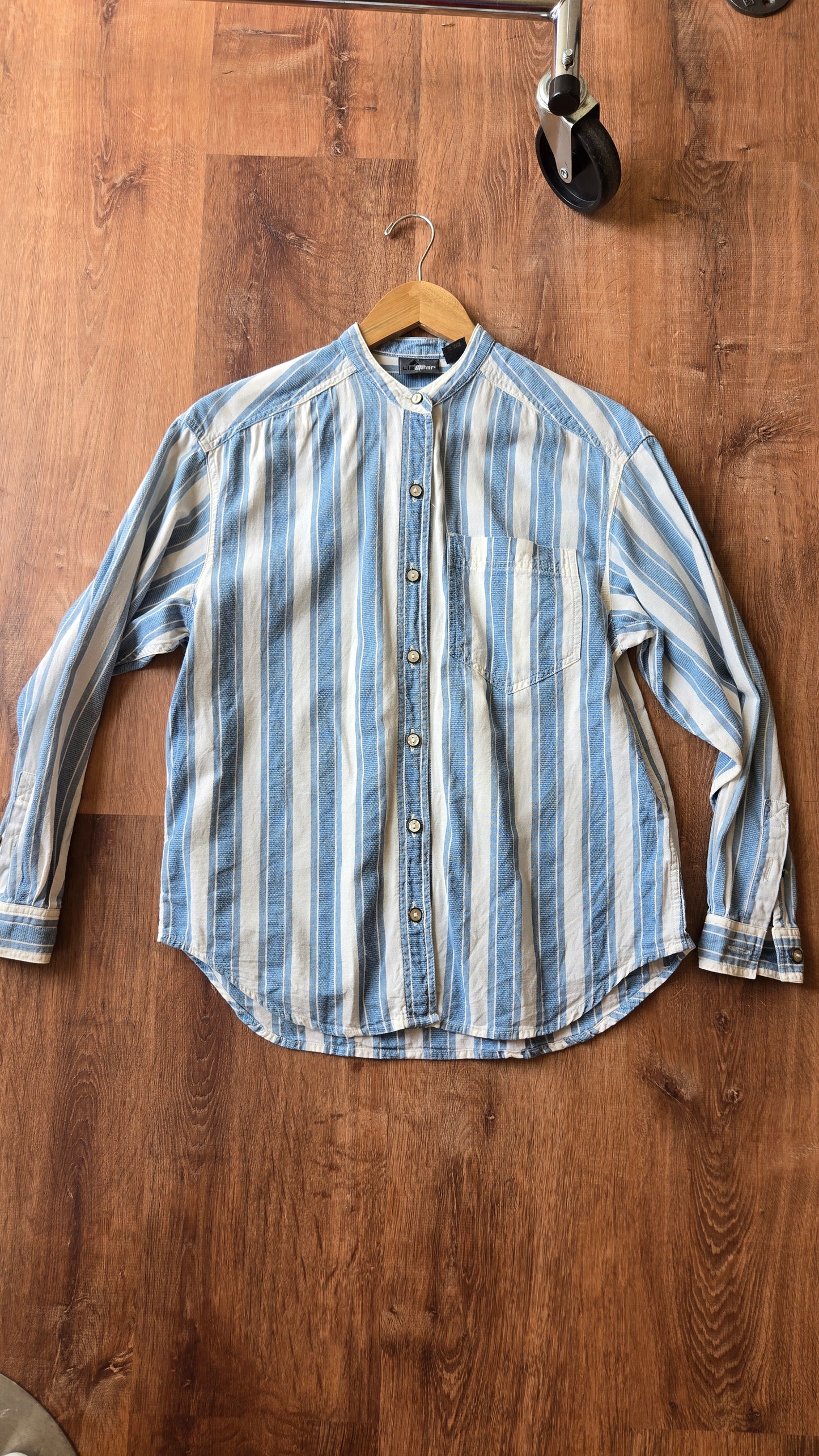 Lizwear blue/white striped collarless shirt