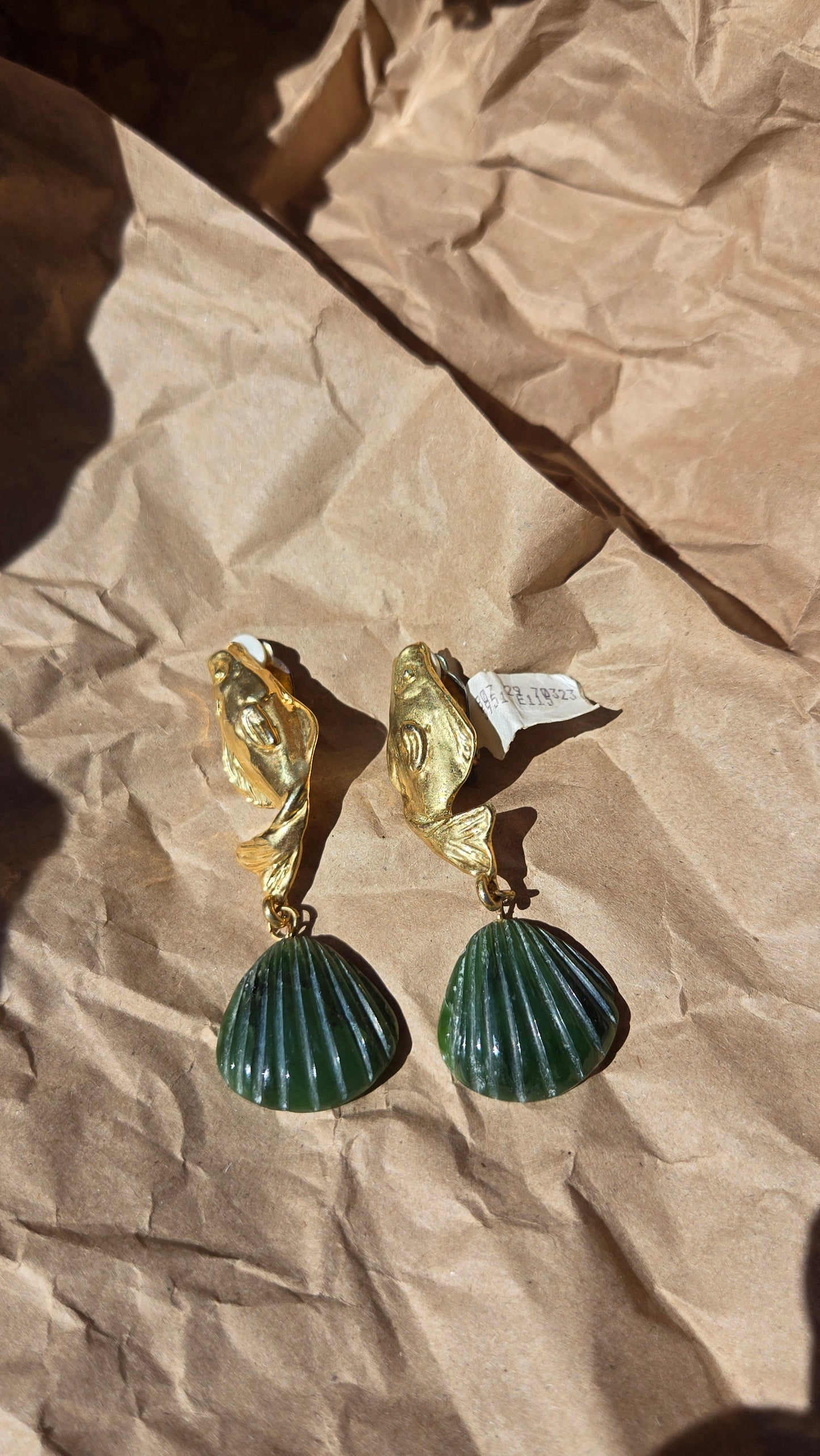 Gold fish & jade seashell drop earrings