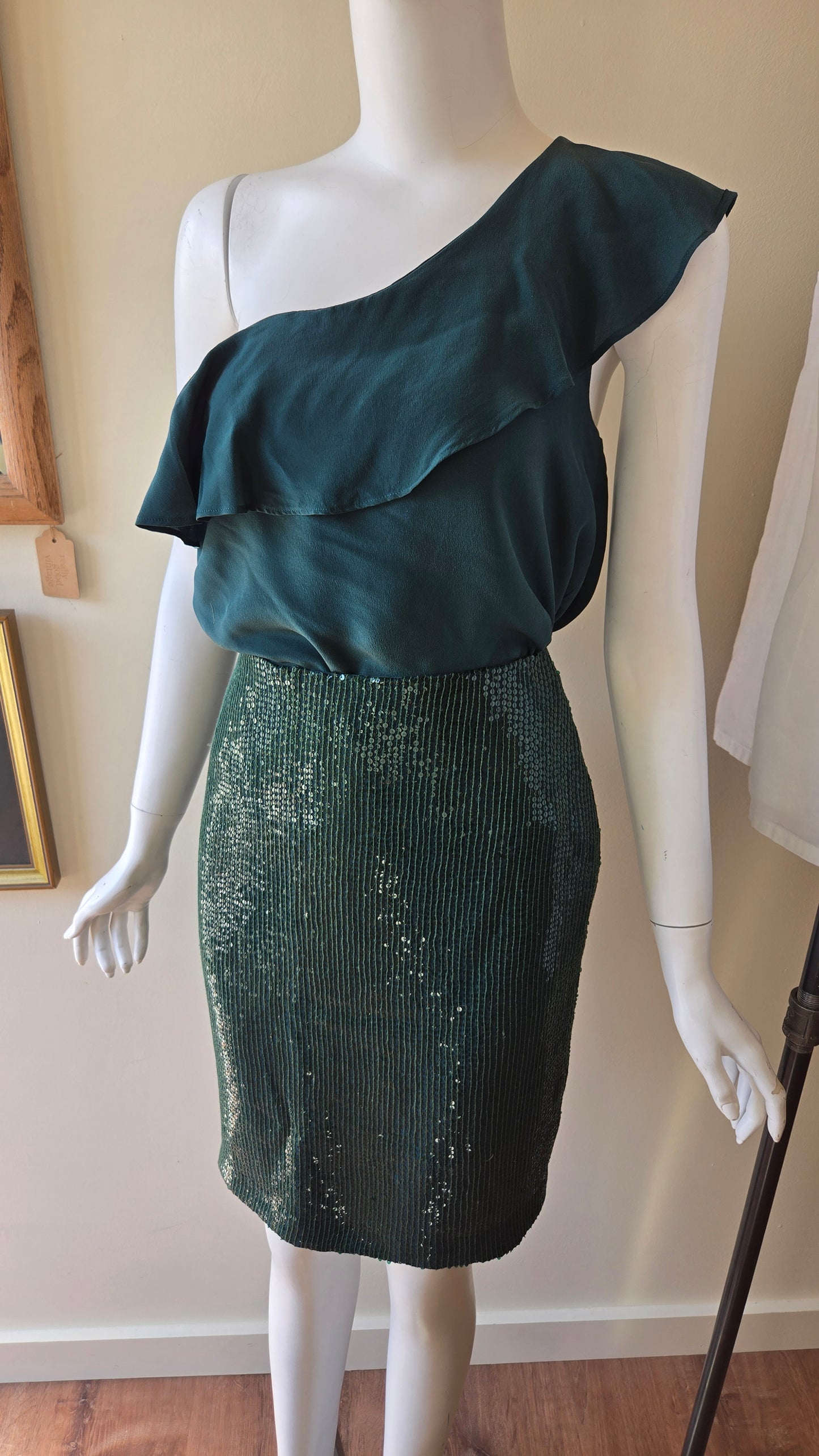 Forest green silk one shoulder top