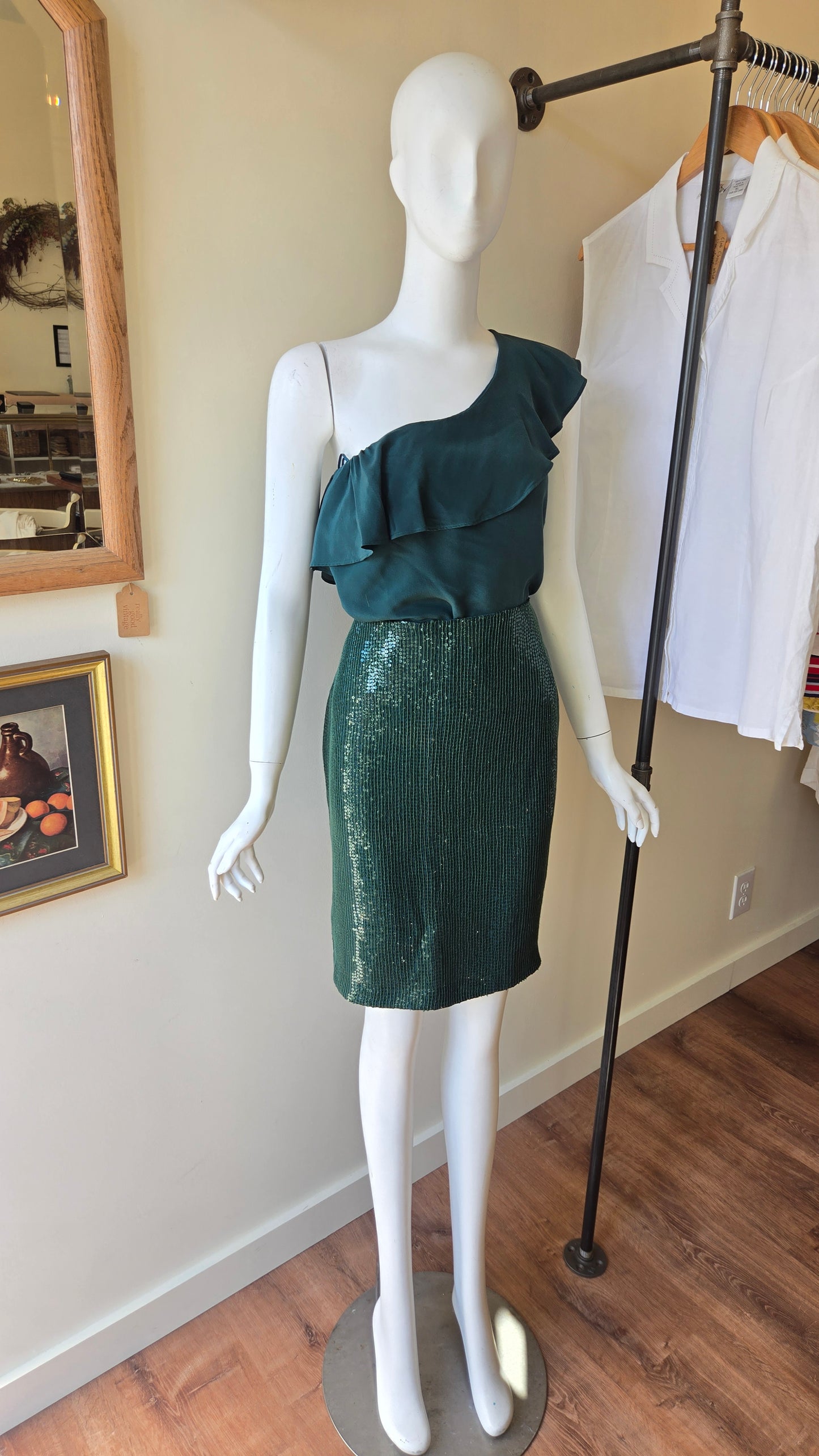 Forest green silk one shoulder top