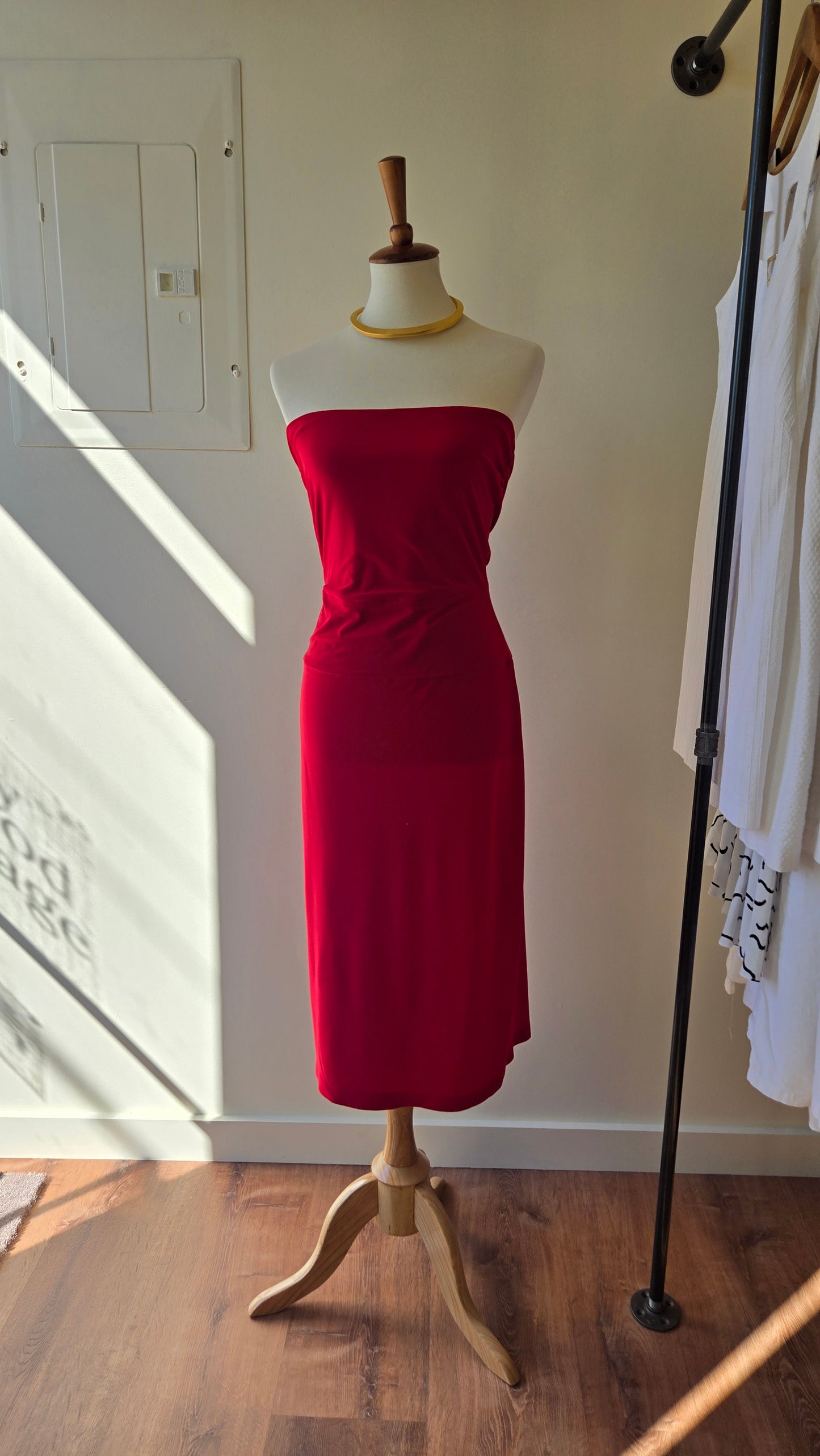 Norma Kamali red strapless tube dress