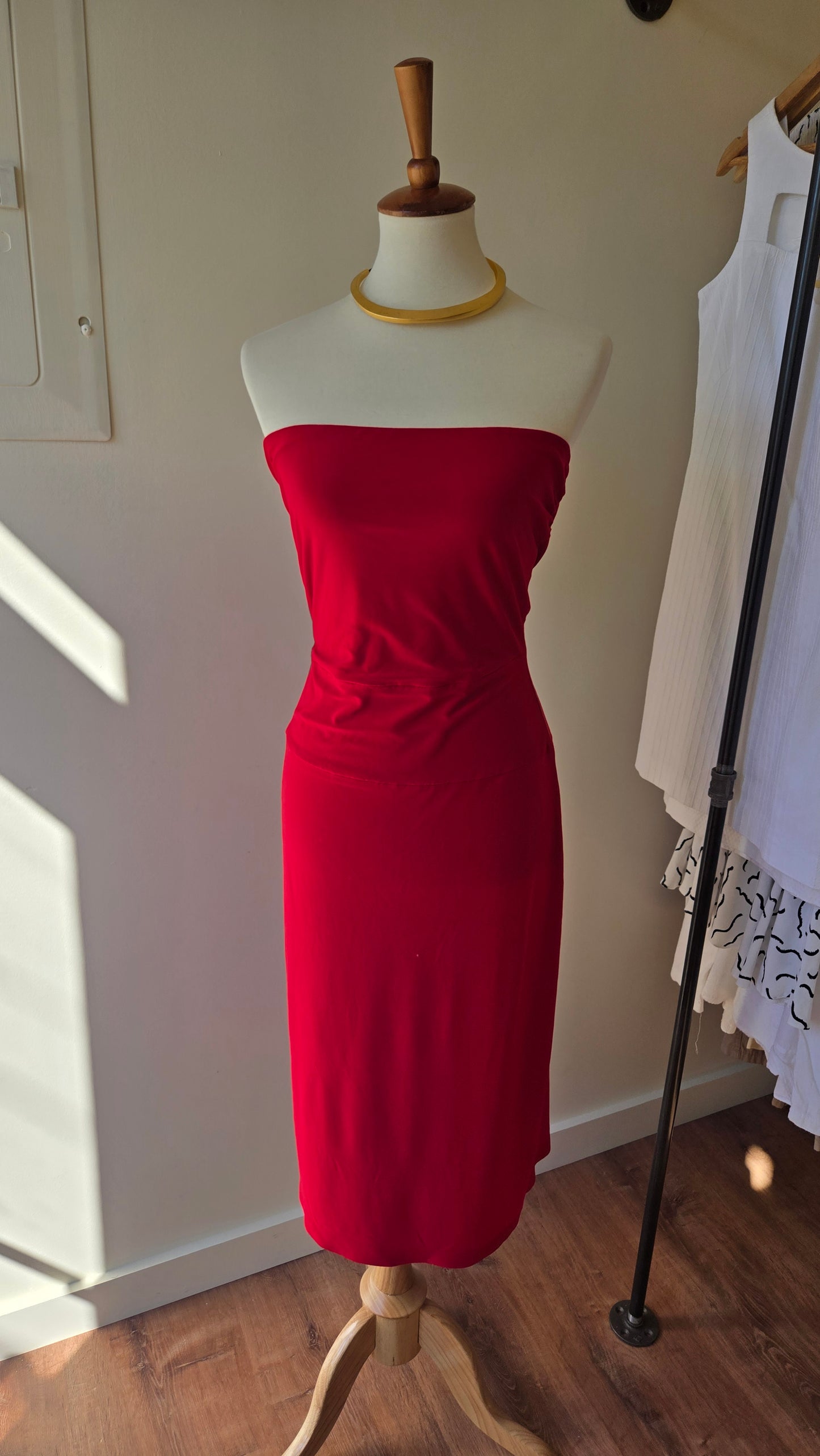 Norma Kamali red strapless tube dress