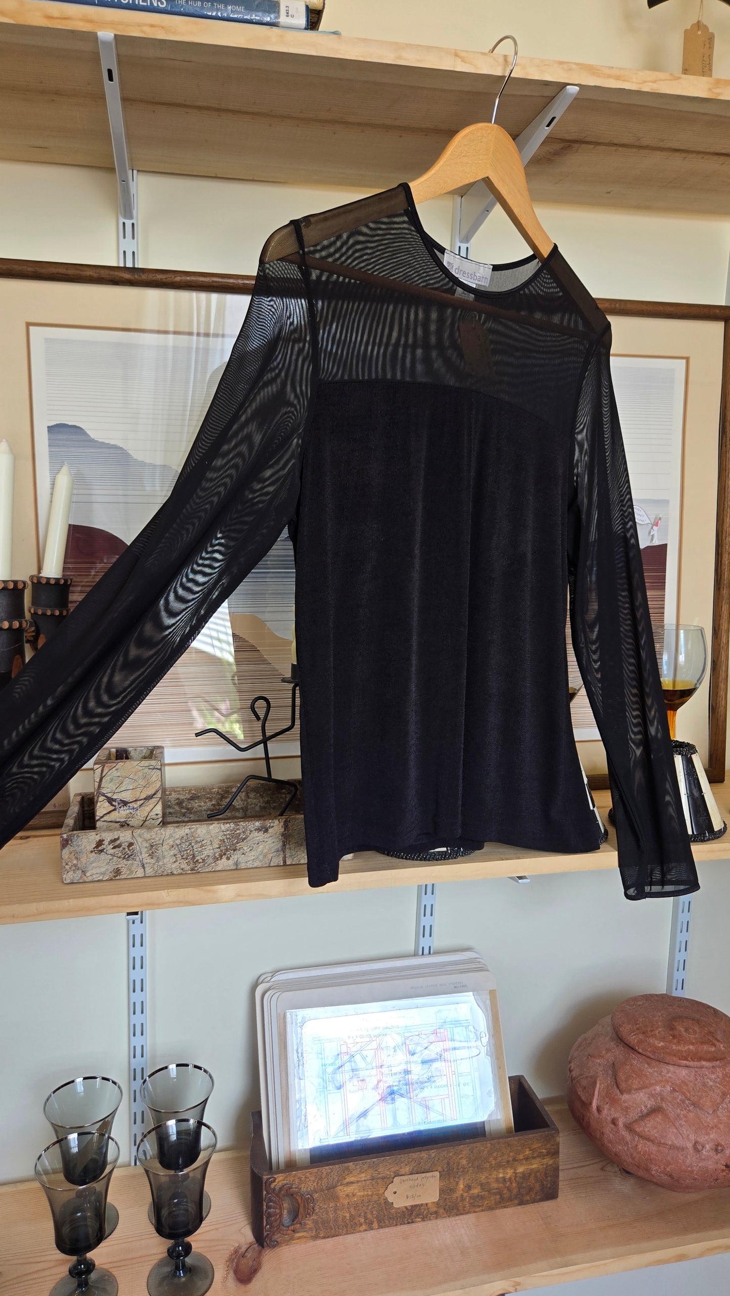 Black sheer-top stretch shirt
