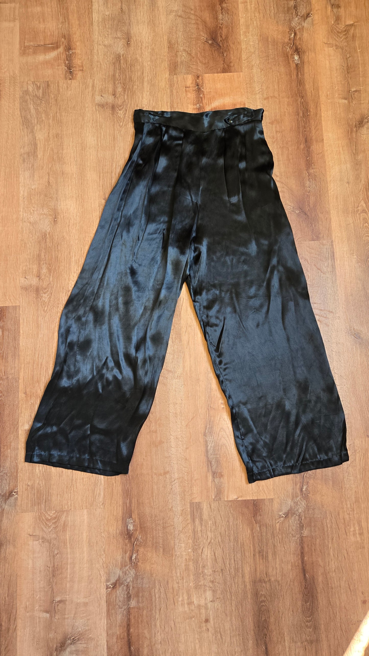 1930s black rayon satin wide leg pants