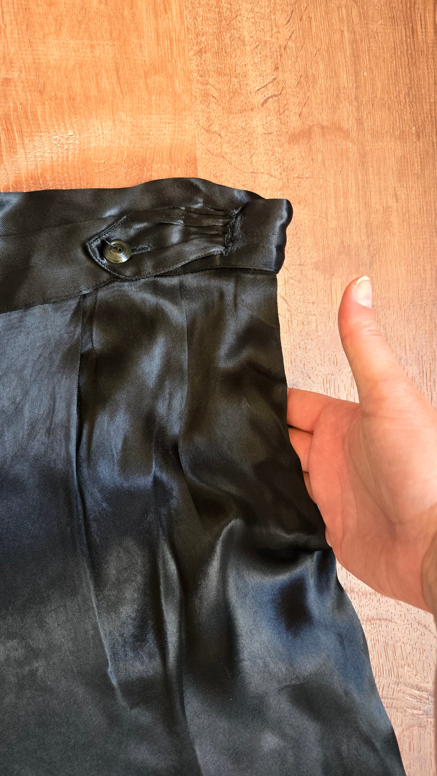 1930s black rayon satin wide leg pants