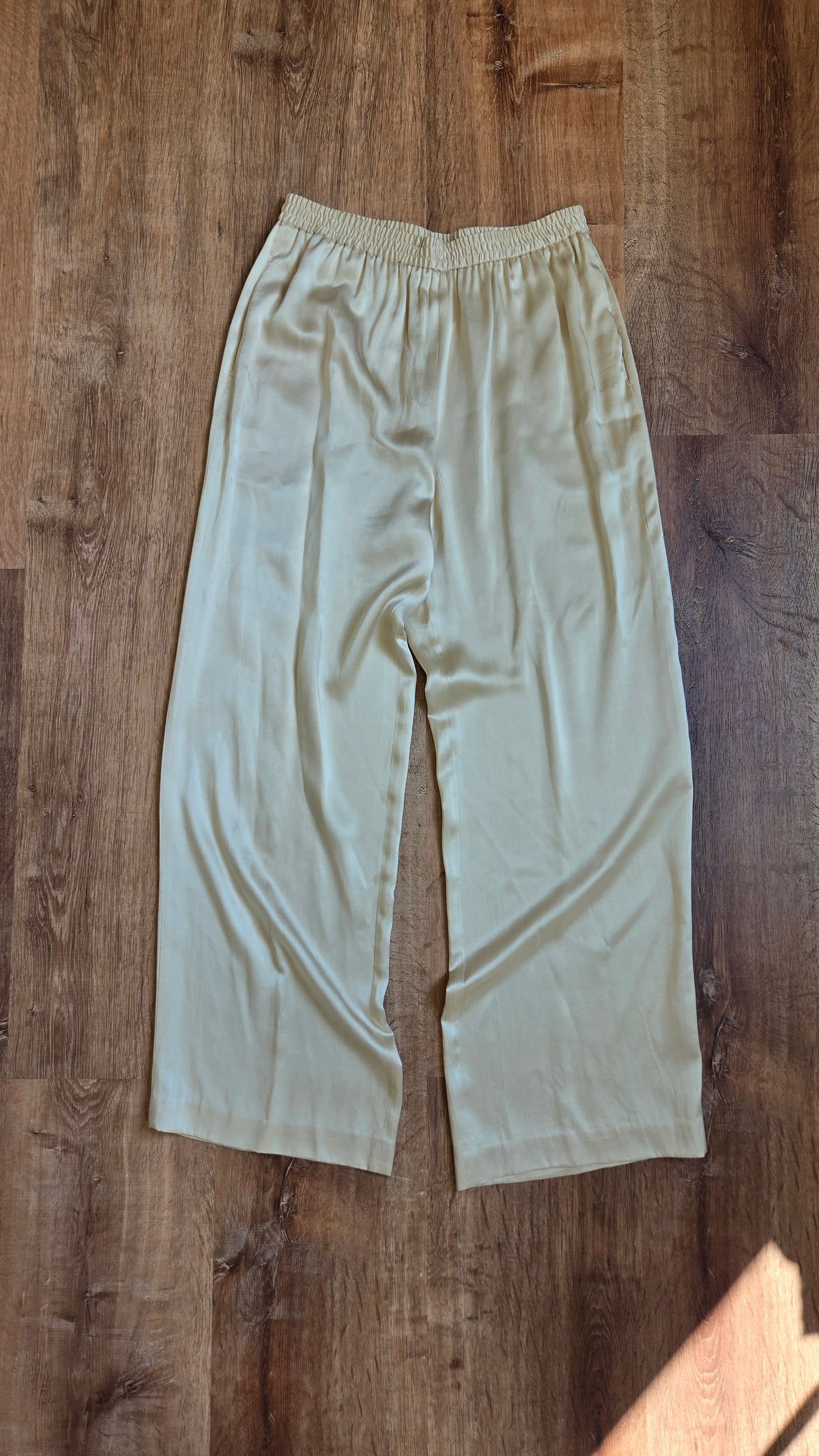 Cream silk charmeuse wide leg pants