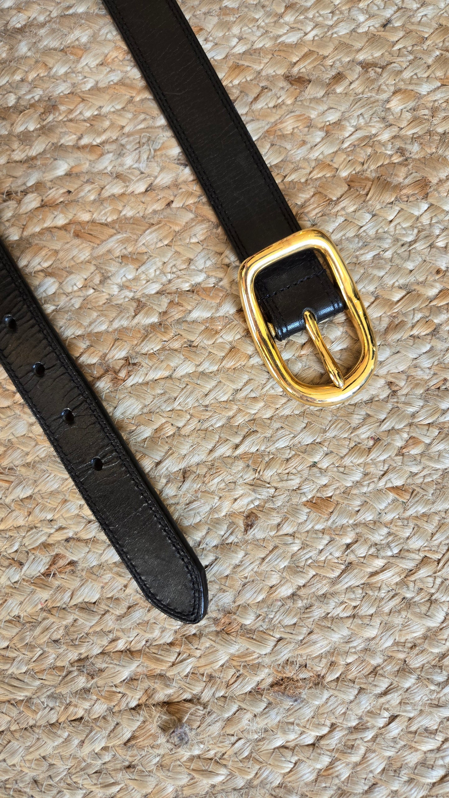 Black leather belt with heavy gold rounded square buckle