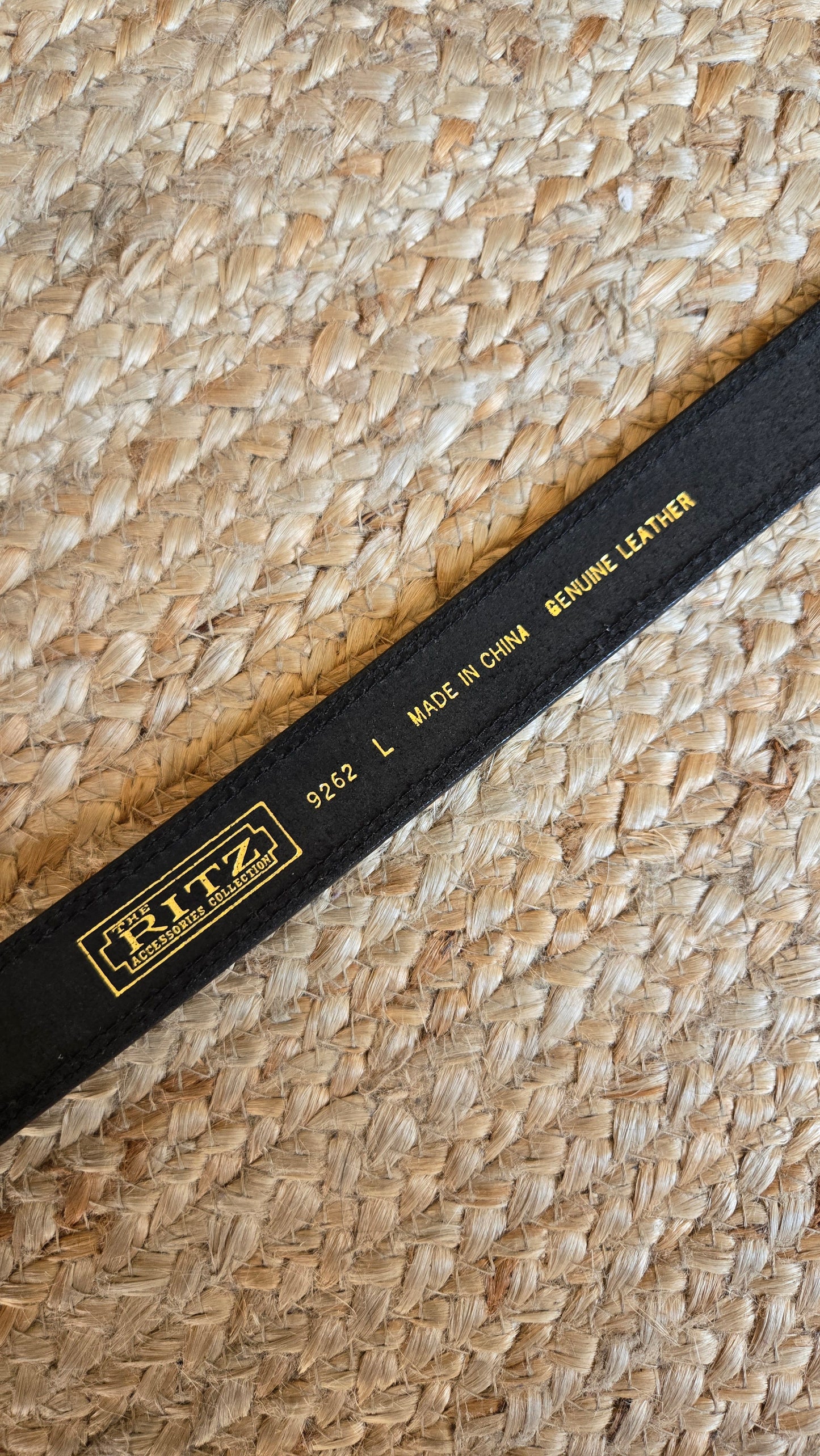 Black leather belt with heavy gold rounded square buckle