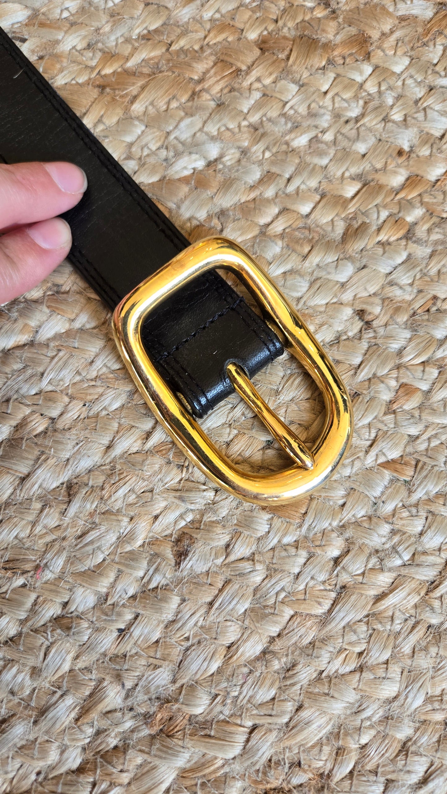 Black leather belt with heavy gold rounded square buckle