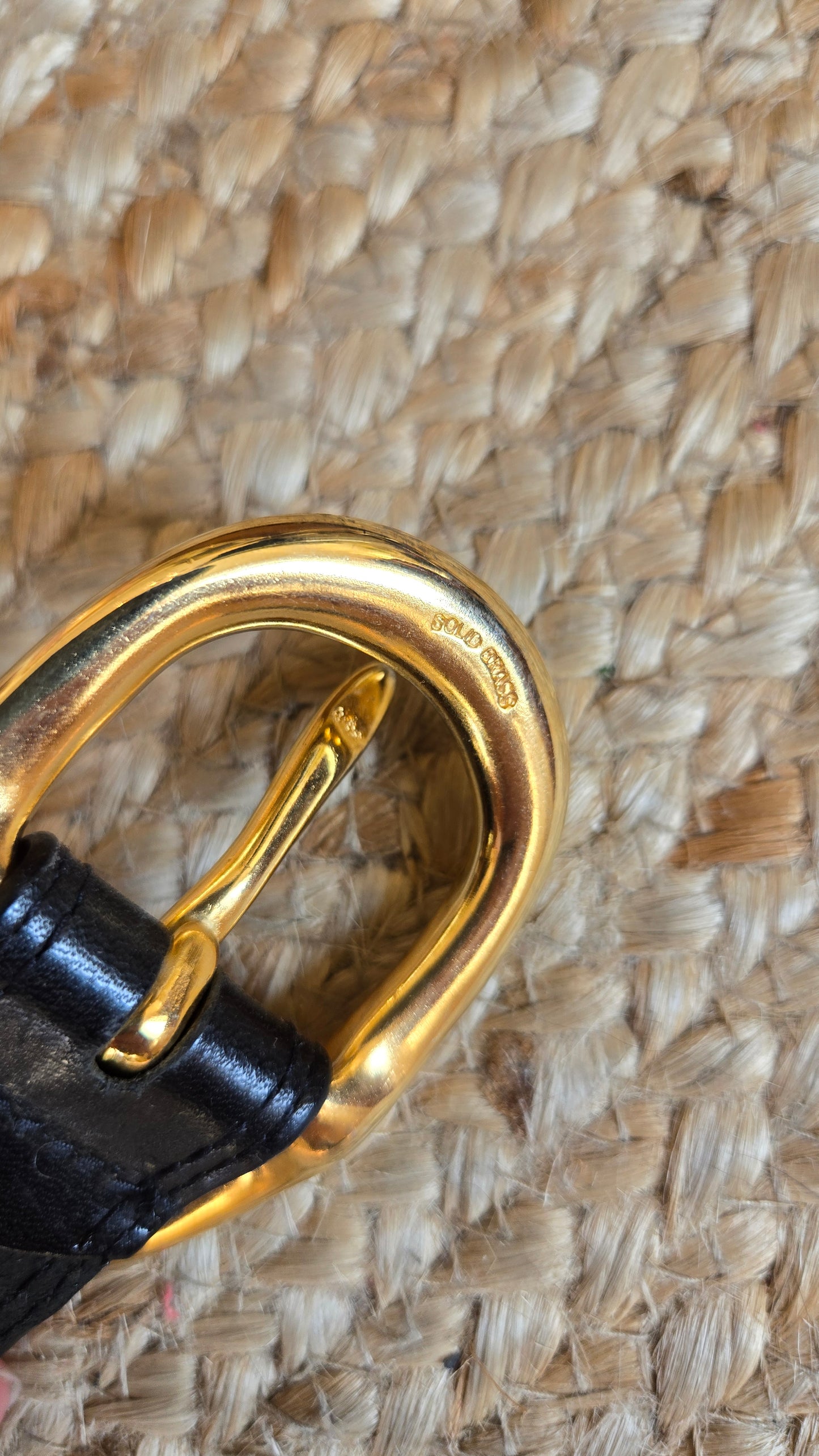 Black leather belt with heavy gold rounded square buckle