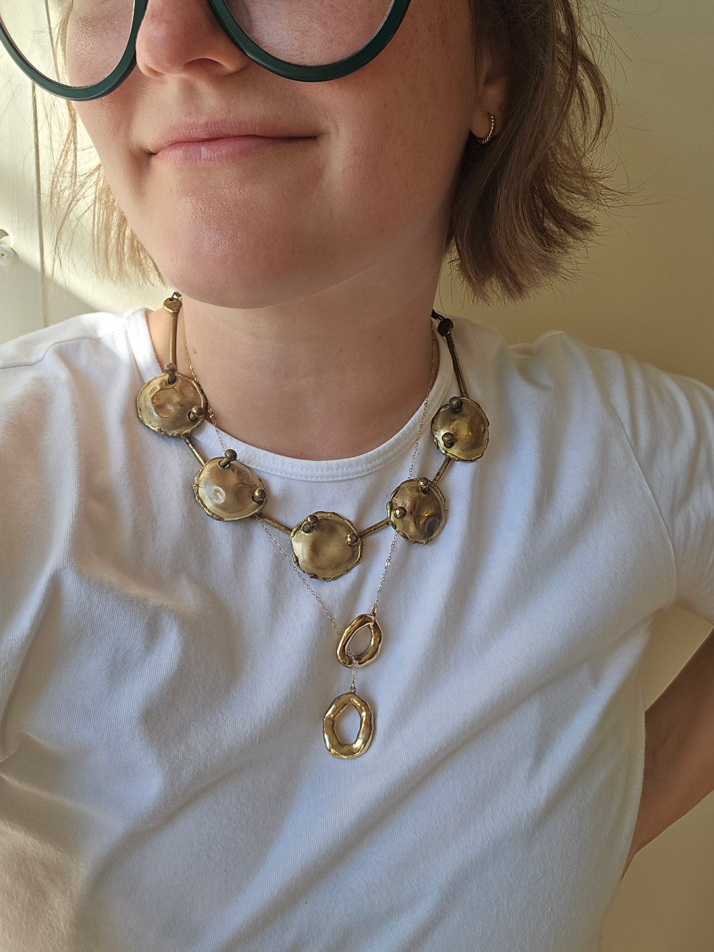 Brutalist brass disc necklace