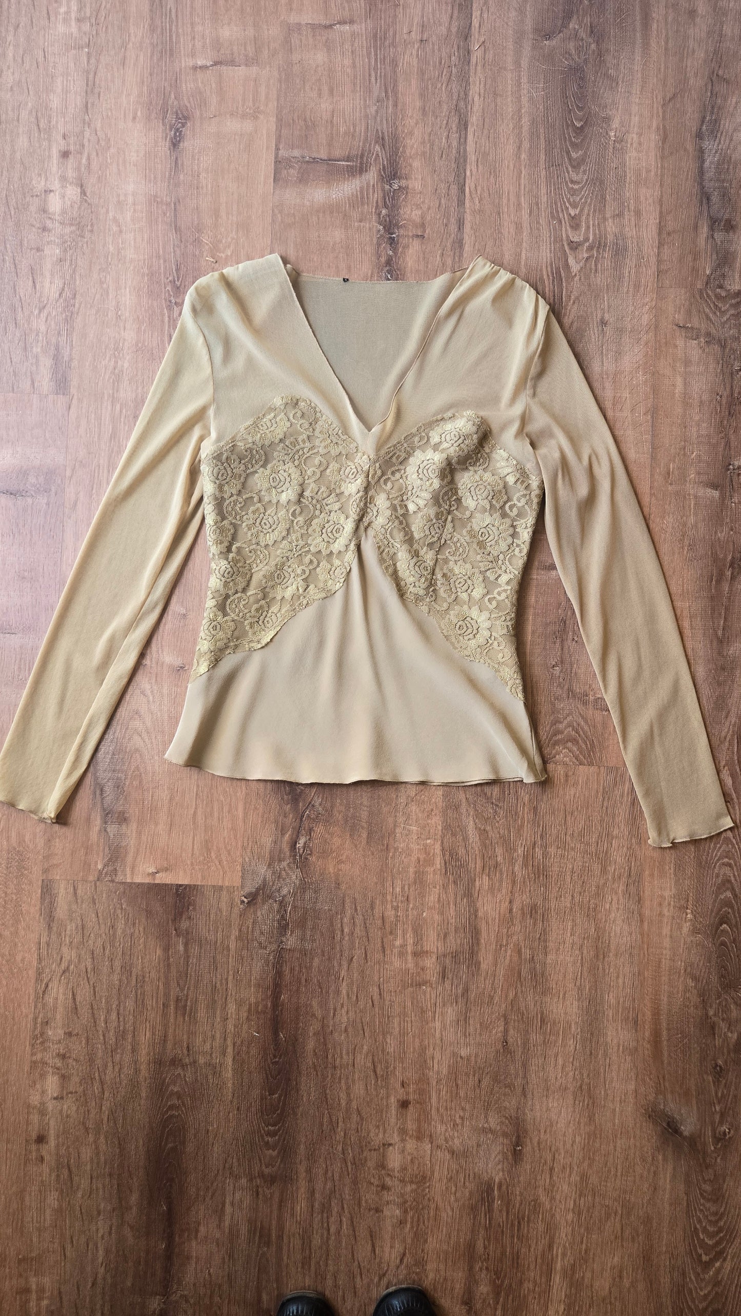 Tan sheer-top lace silk blouse