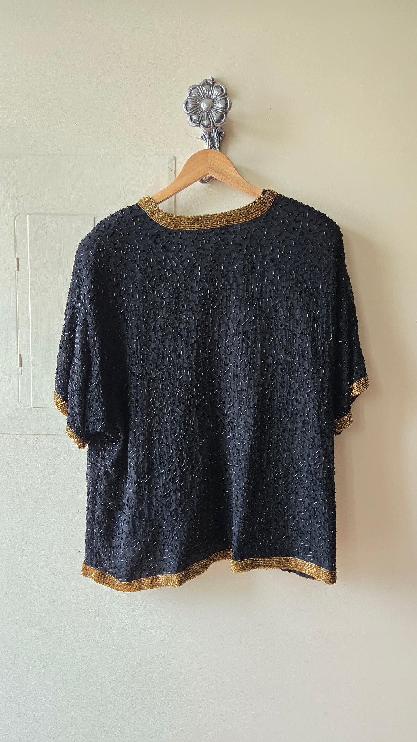 Lawrence Kazar black & gold beaded bow top