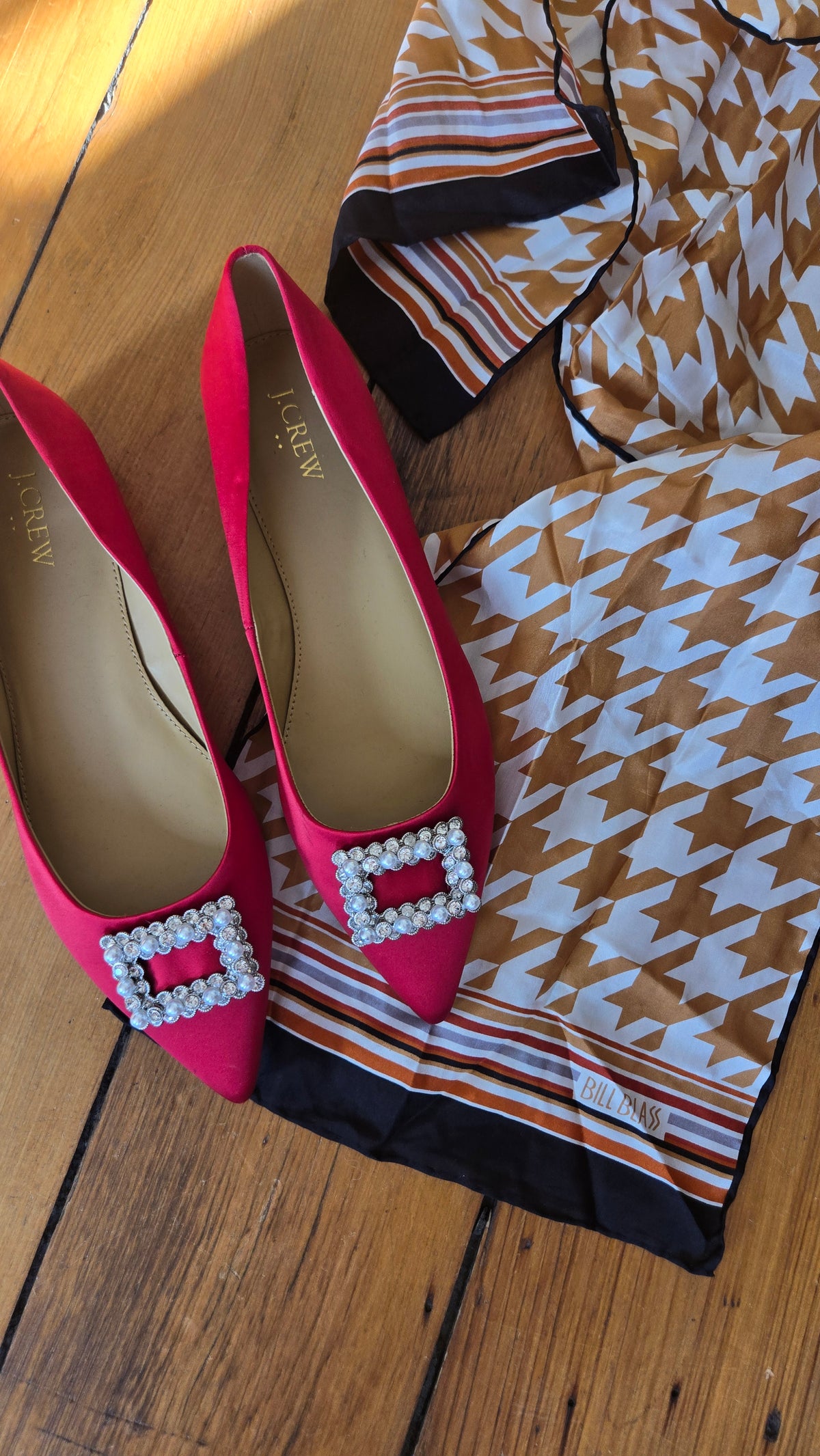 J Crew red satin buckle flats