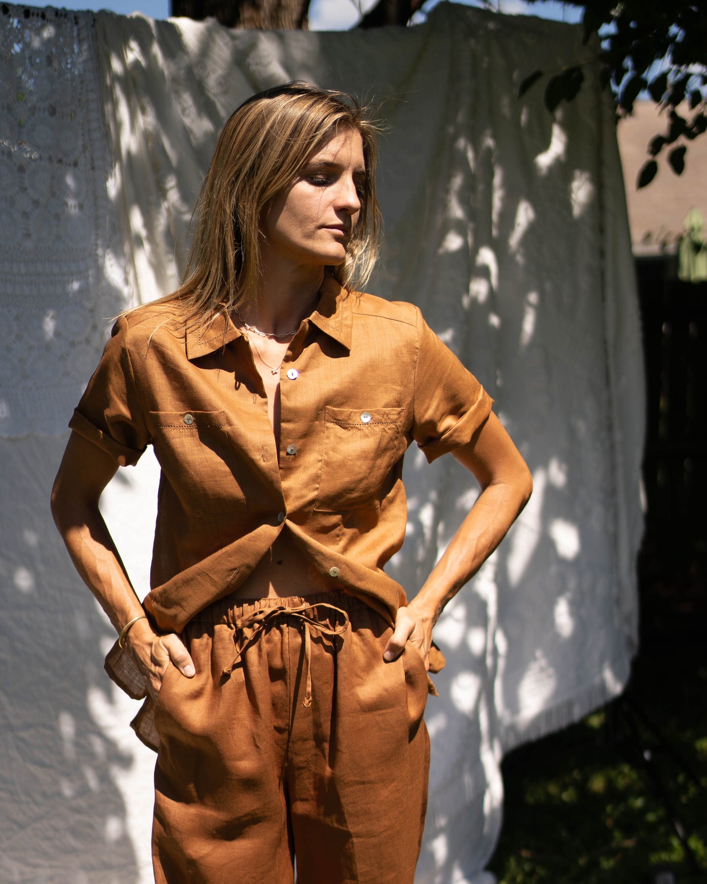 Brown linen drawstring pant set