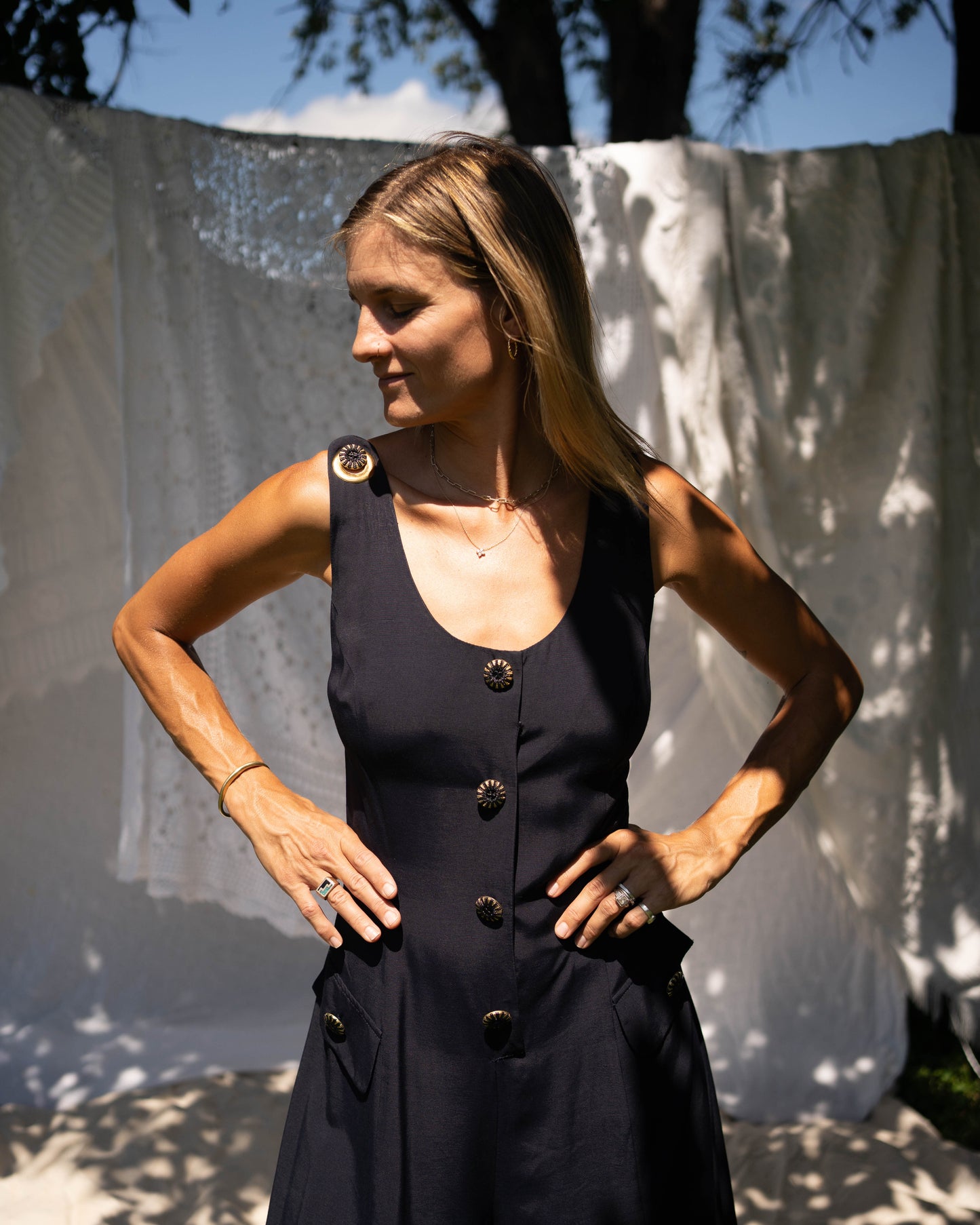 Navy chain strap palazzo jumpsuit