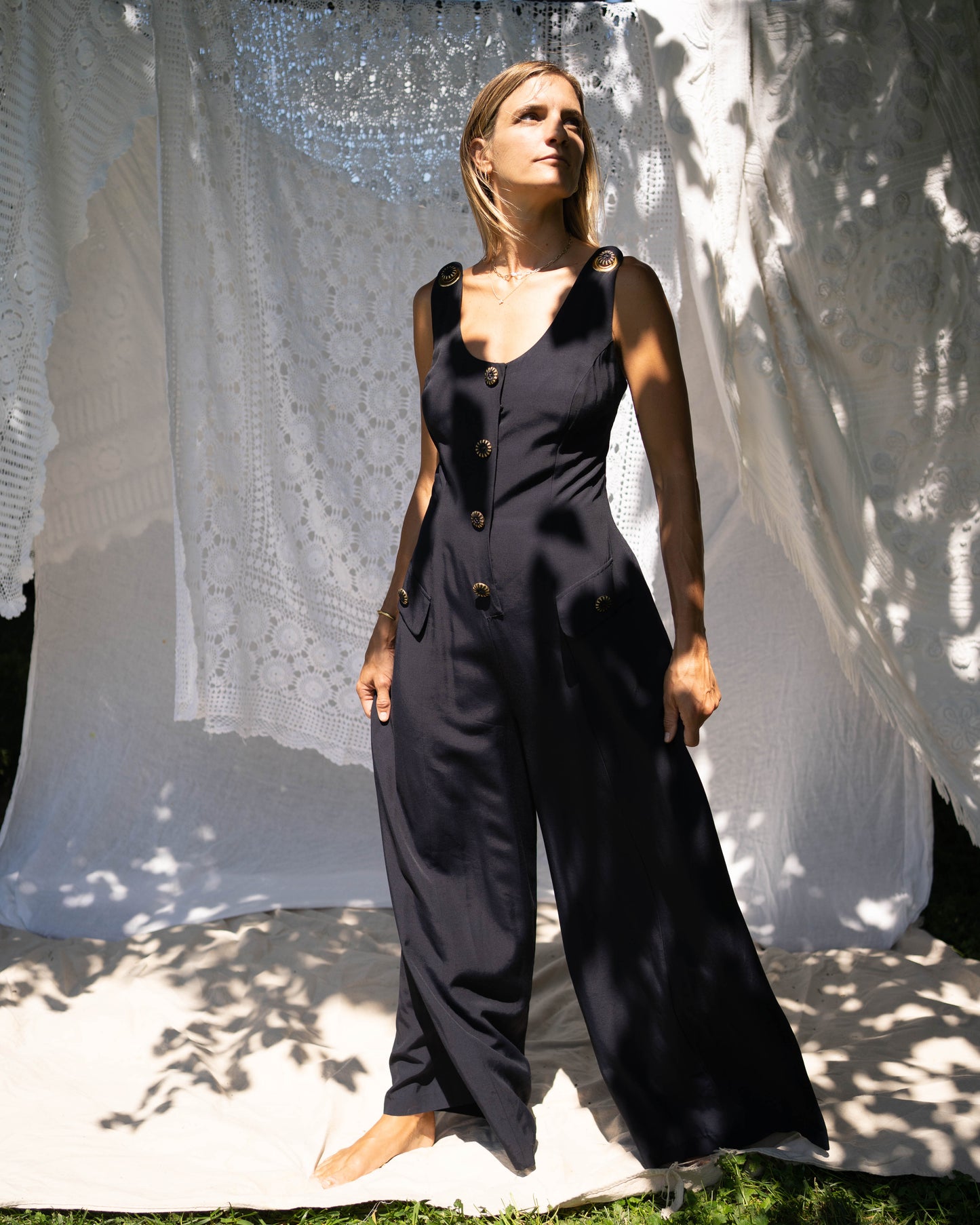 Navy chain strap palazzo jumpsuit