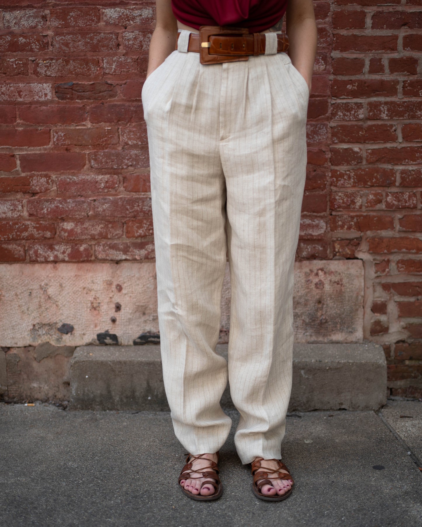 Oatmeal pinstripe linen trousers