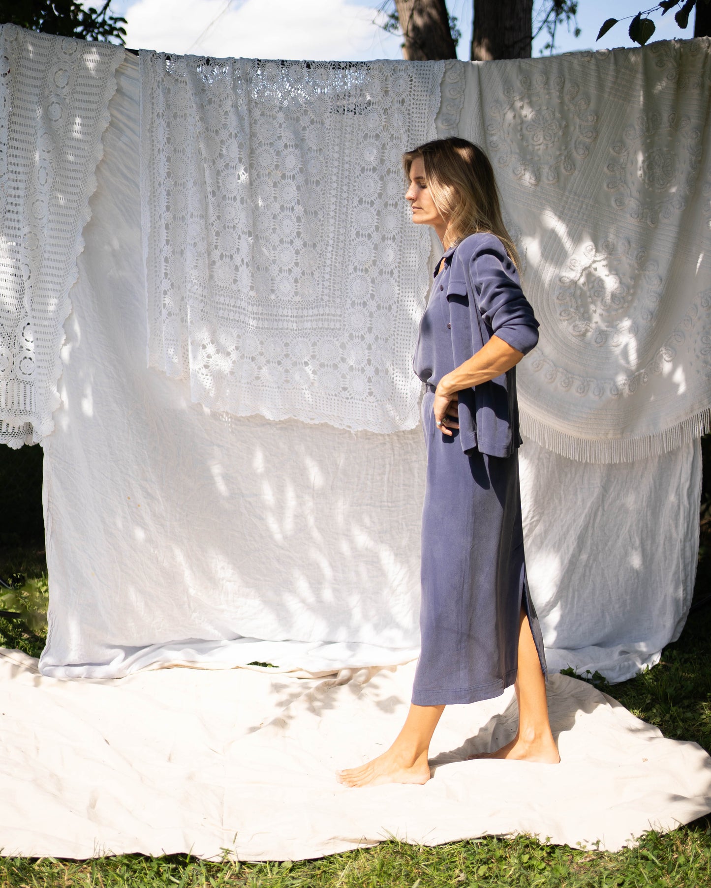 Navy brushed silk three-piece set