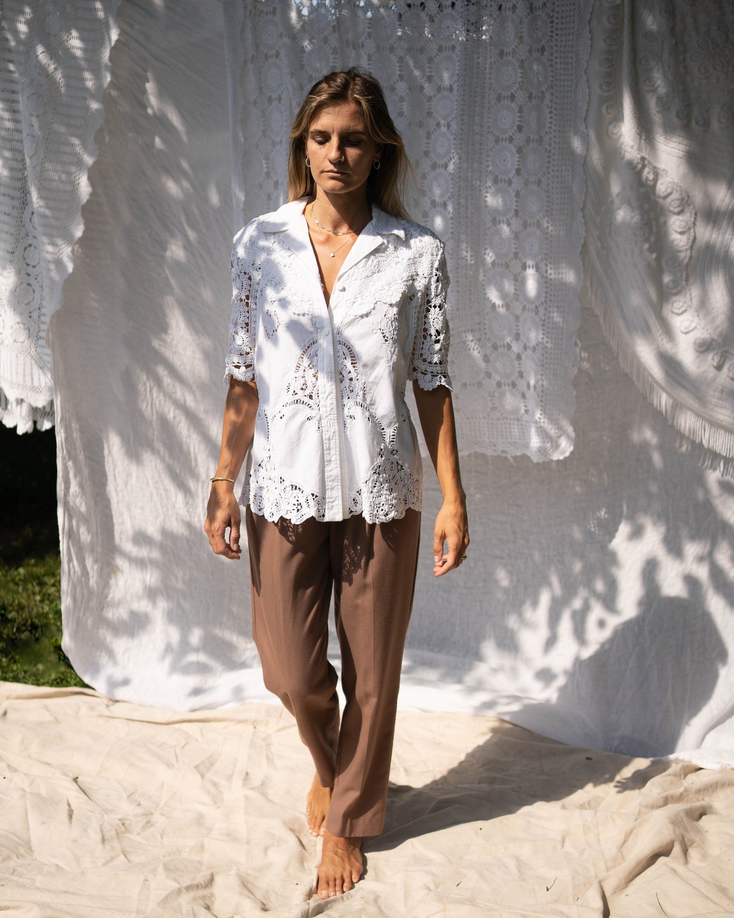 Lim's white crochet & cutwork shirt