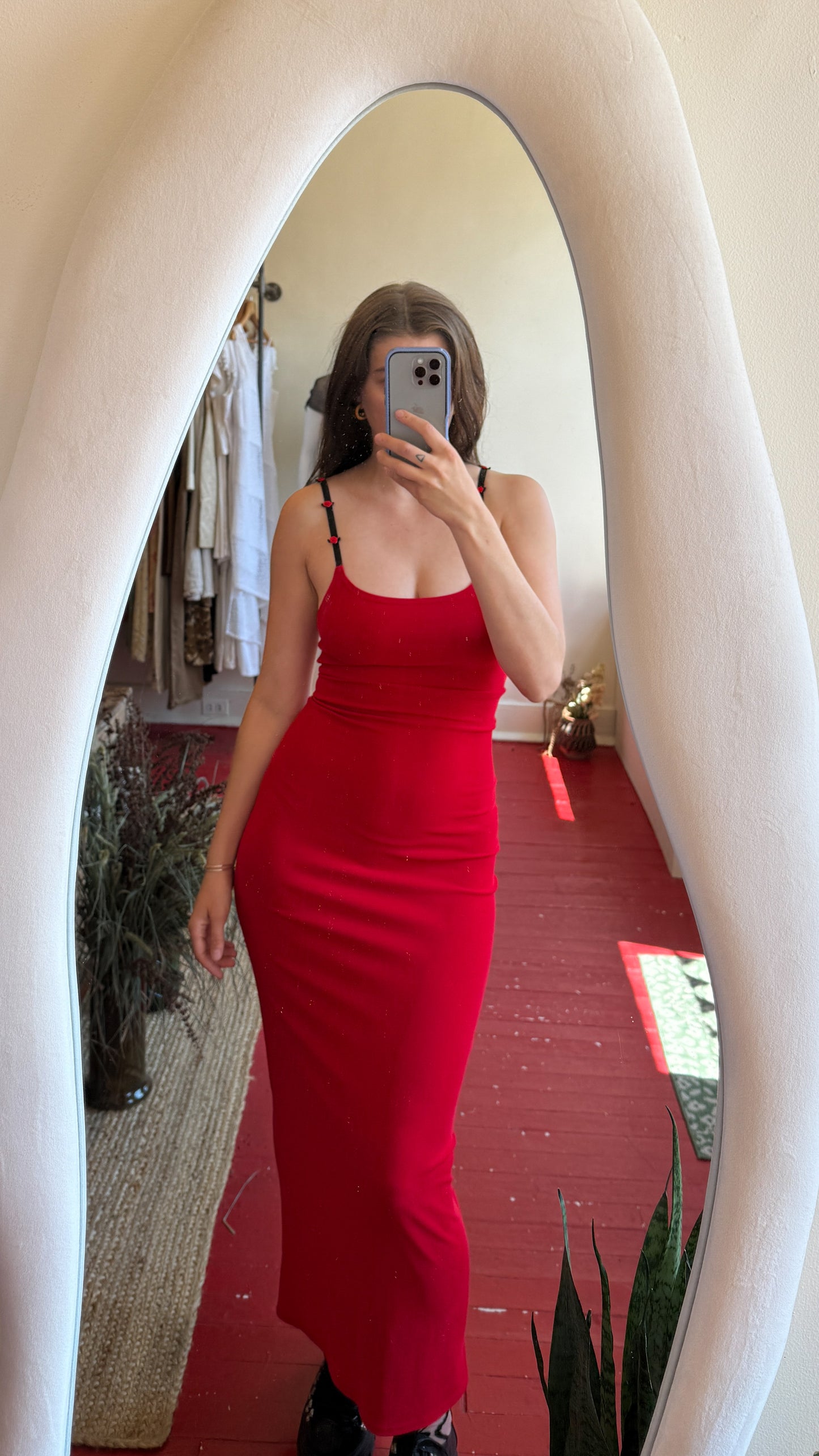 IN San Fran red gown w rosette straps