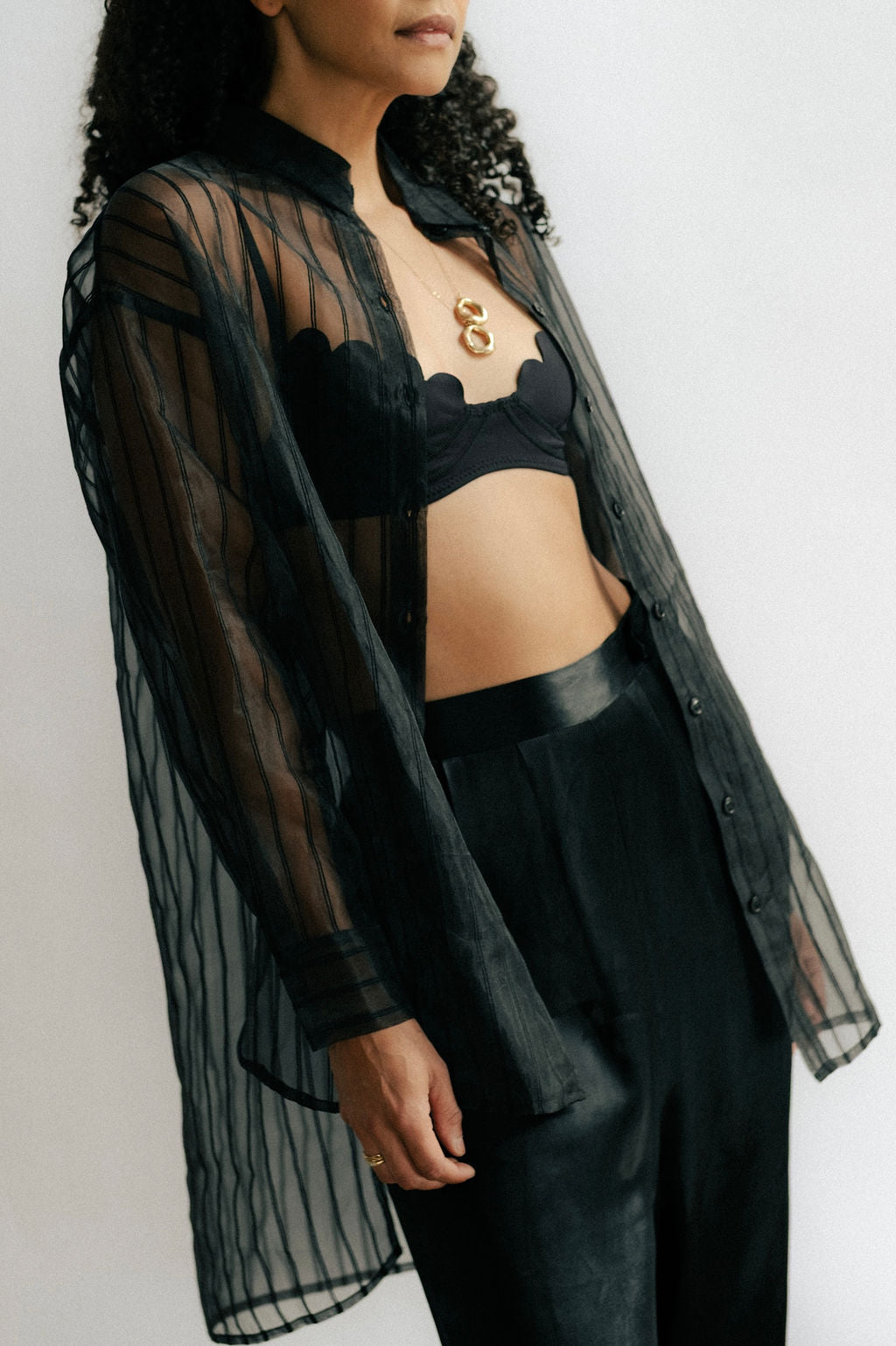 Black oversized sheer pinstripe blouse