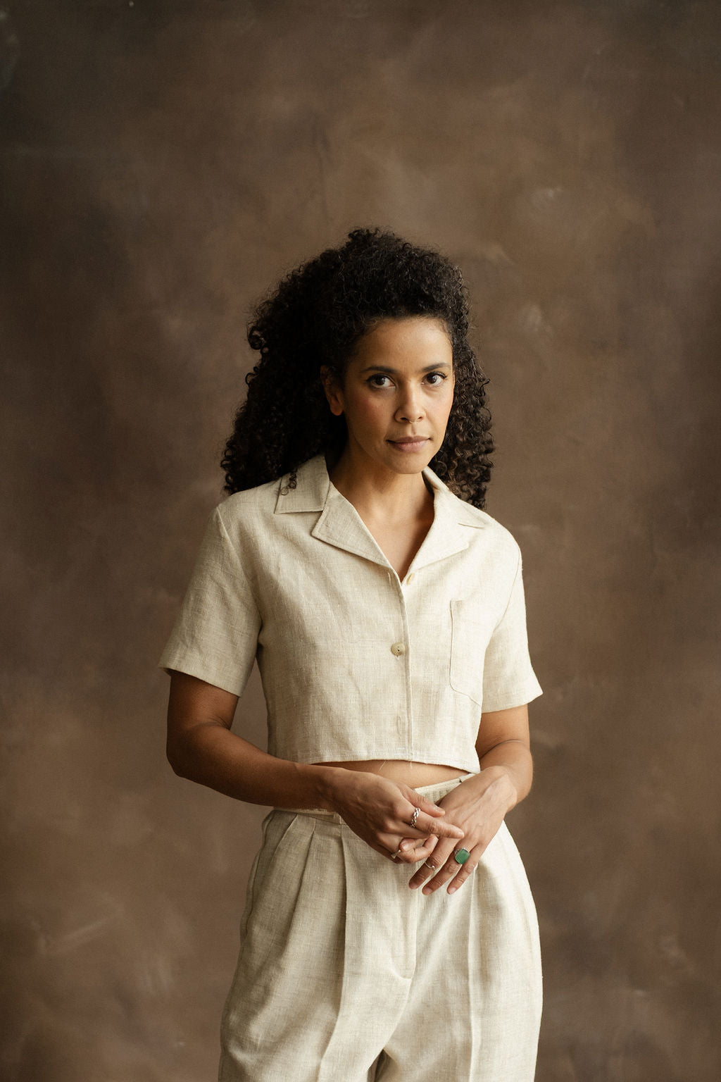 Oatmeal linen blend crop top & pant set
