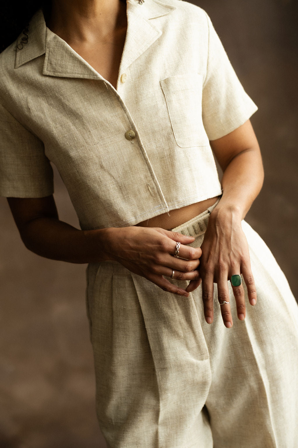 Oatmeal linen blend crop top & pant set