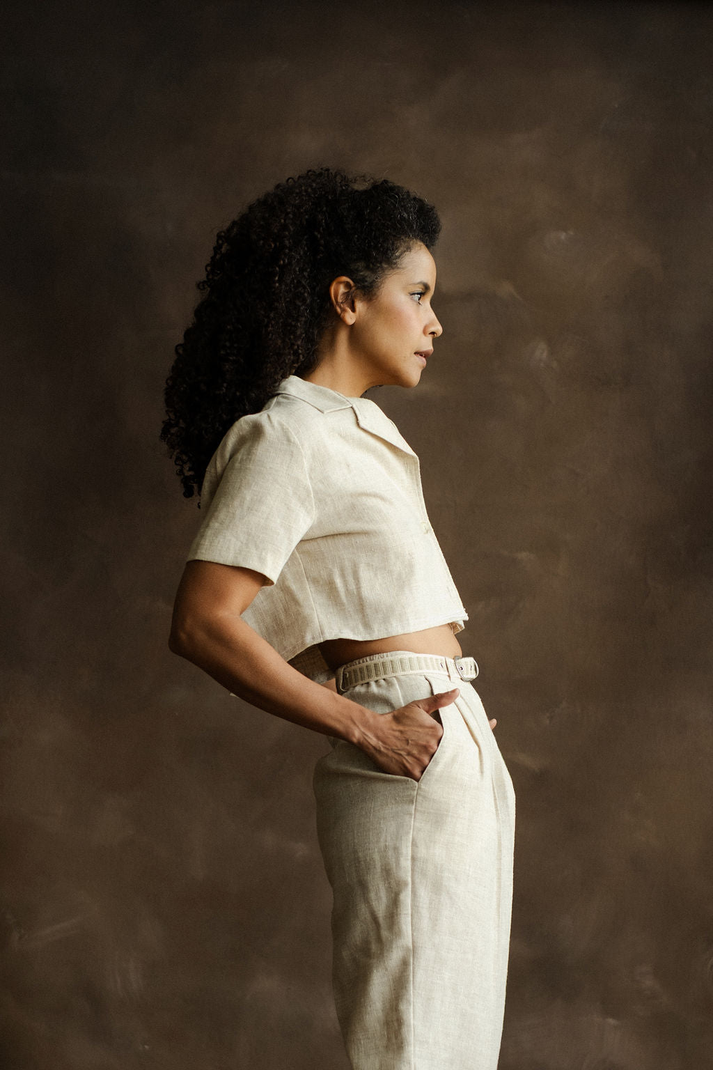 Oatmeal linen blend crop top & pant set