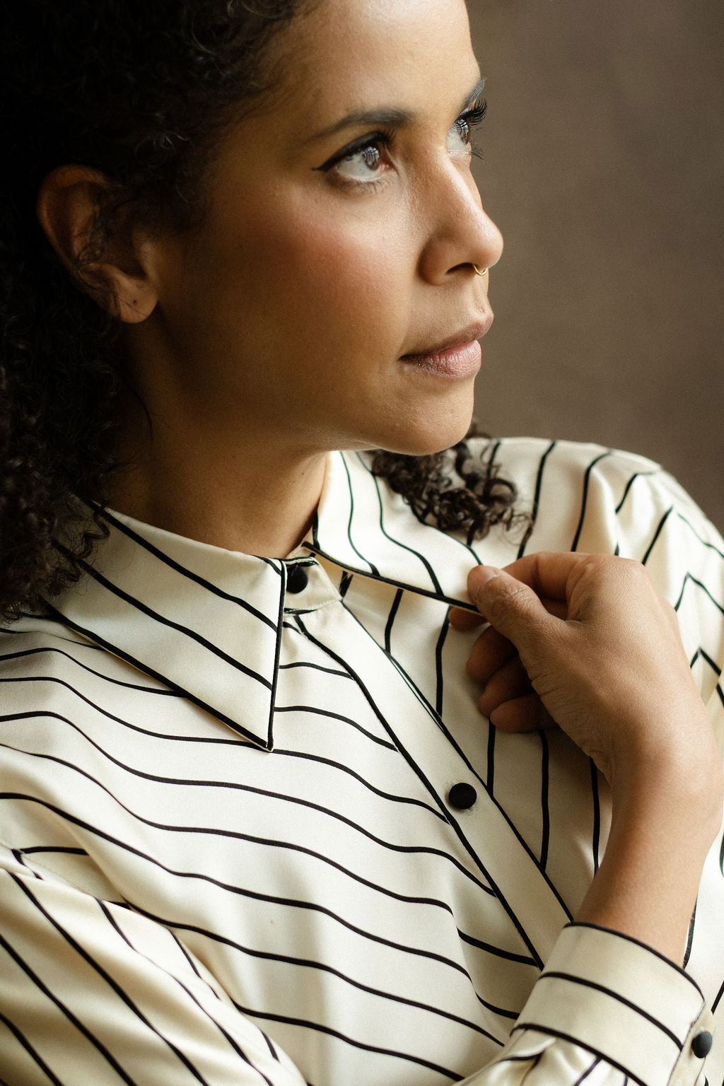 Cream & black pinstripe silk charmeuse blouse