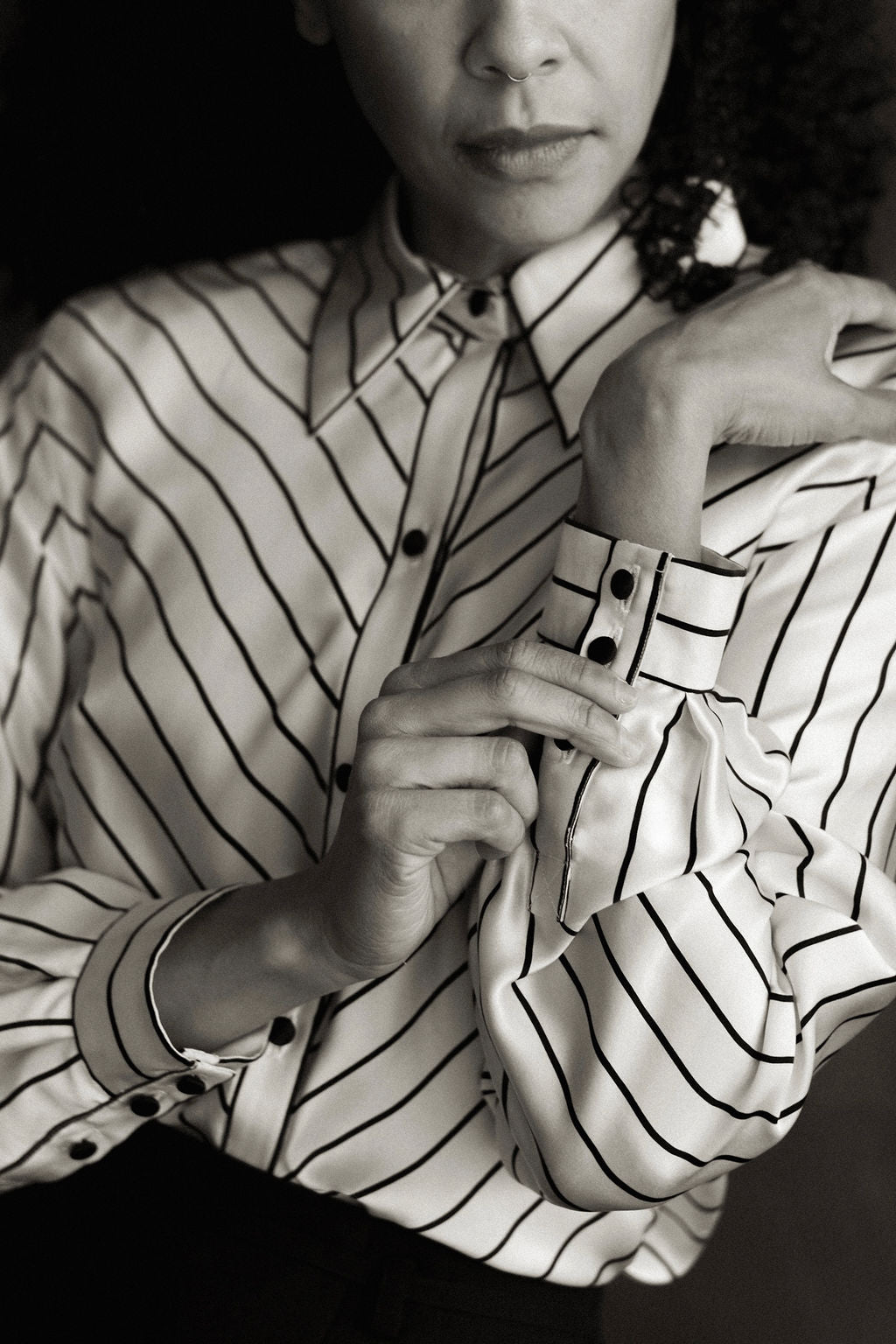 Cream & black pinstripe silk charmeuse blouse