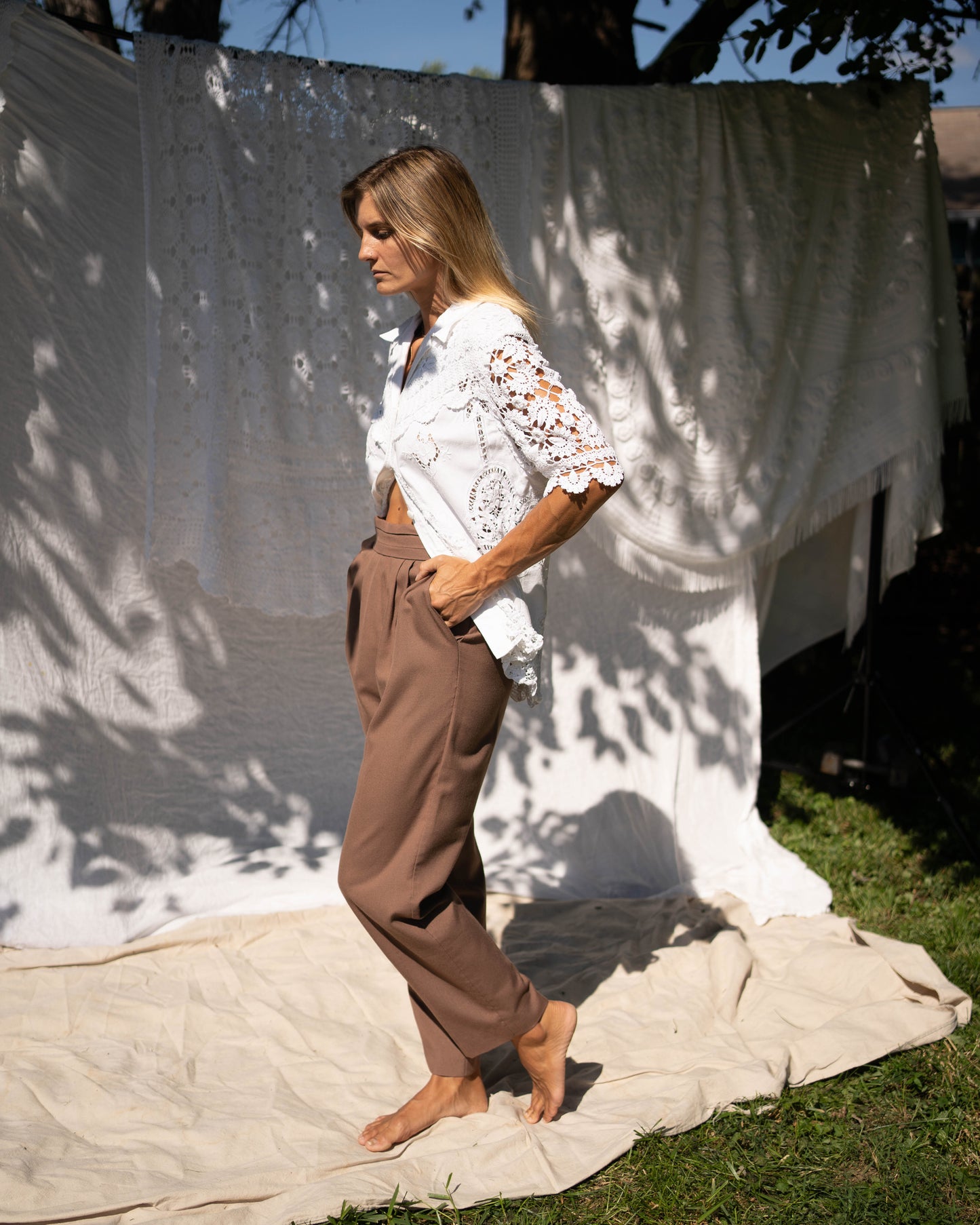 Lim's white crochet & cutwork shirt