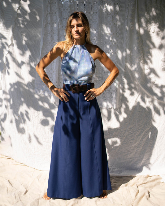 Blue & white striped backless halter top